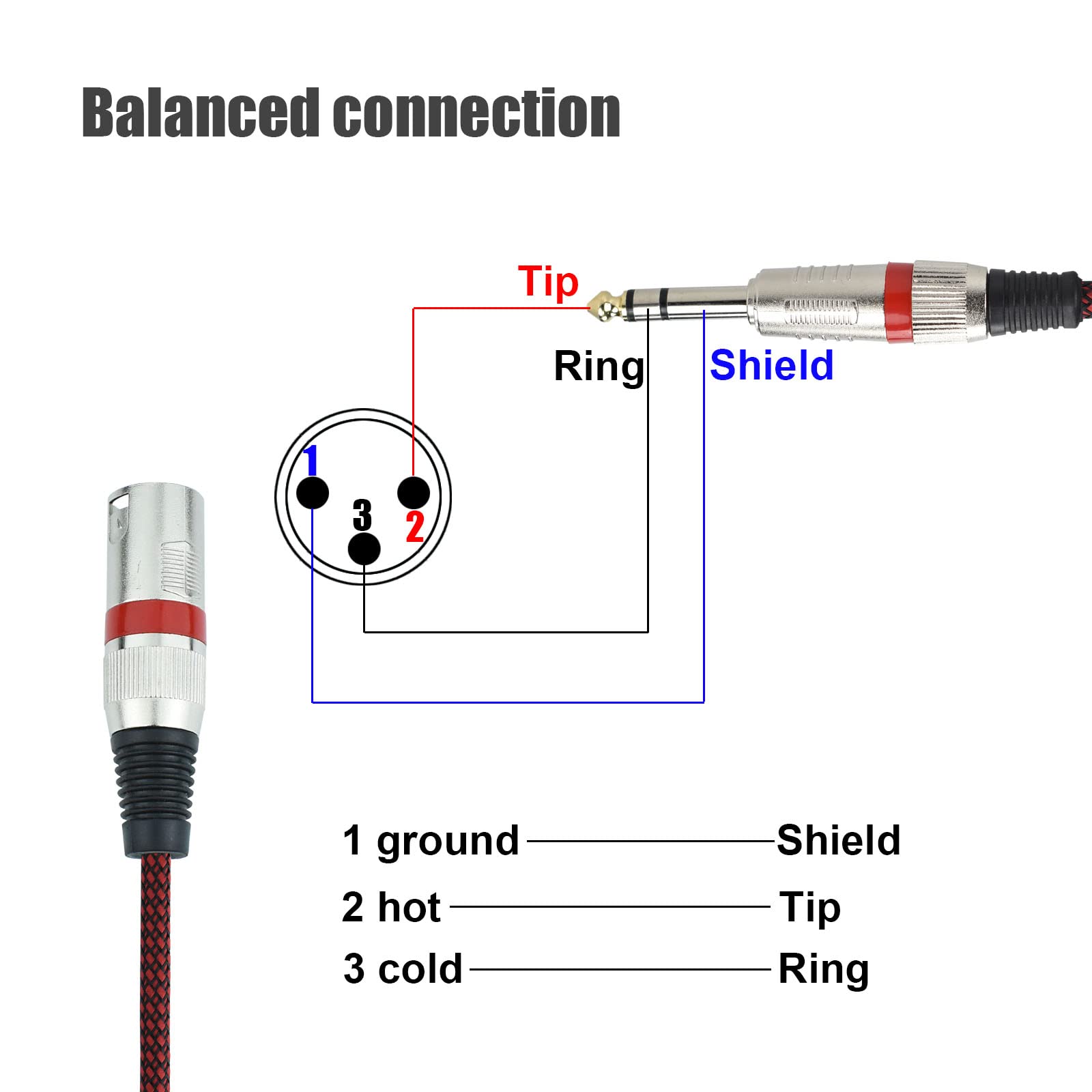Mugteeve 1/4'' Trs To Xlr Male Cable Balanced   10Ft Quarter Inch Stereo To Xlr Microphone Cord Adapter, Nylon Braided, Ofc Shie