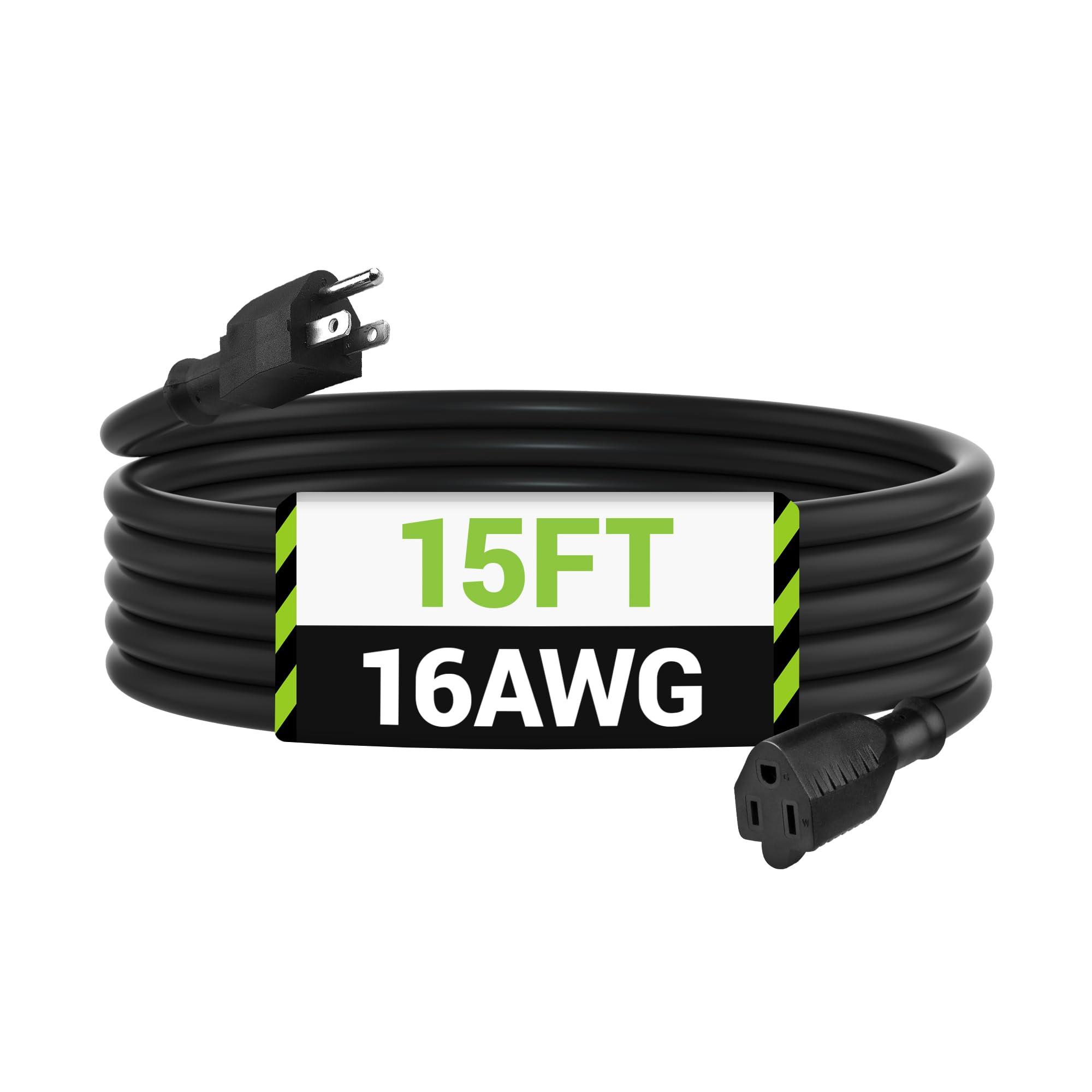 Bn Link 15 Ft Indoor/Outdoor Extension Cord 16/3 Sjtw, Black, Water & Weather Resistant, 3 Prong Grounded Plug For Landscaping &