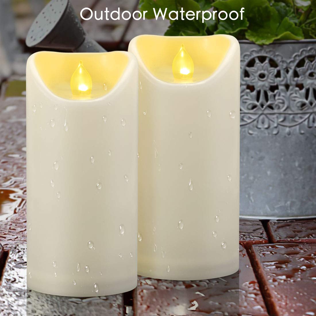 2 Pcs 3''X6'' Waterproof Outdoor Battery Operated Flameless Led Pillar Candles With Timer Flickering Plastic Resin Electric Deco