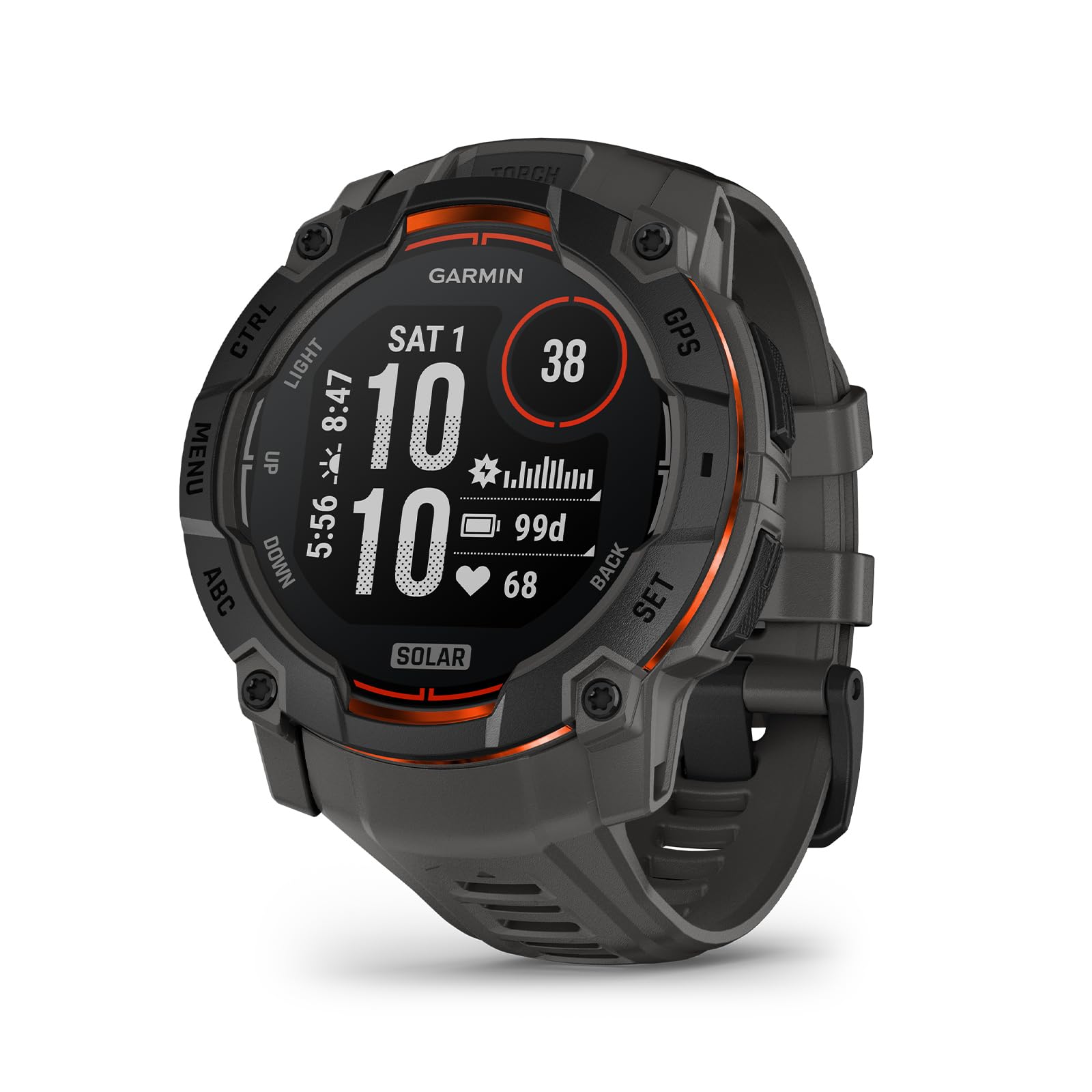 Garmin Instinct 3 50mm, Solar Charged Display, Rugged Outdoor GPS Smartwatch, Metal-Reinforced Bezel, Built-in Flashlight, Charc