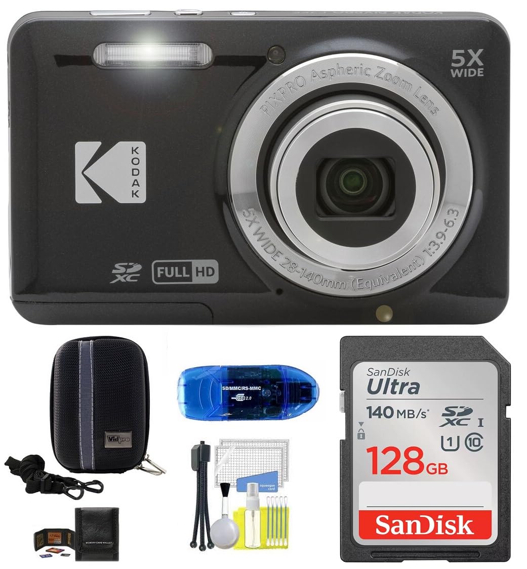 Kodak Pixpro Fz55 Digital Camera (Black) Bundle, Includes: Sandisk 128Gb Memory Card, Hard Shell Camera Case, Sd Card Reader And