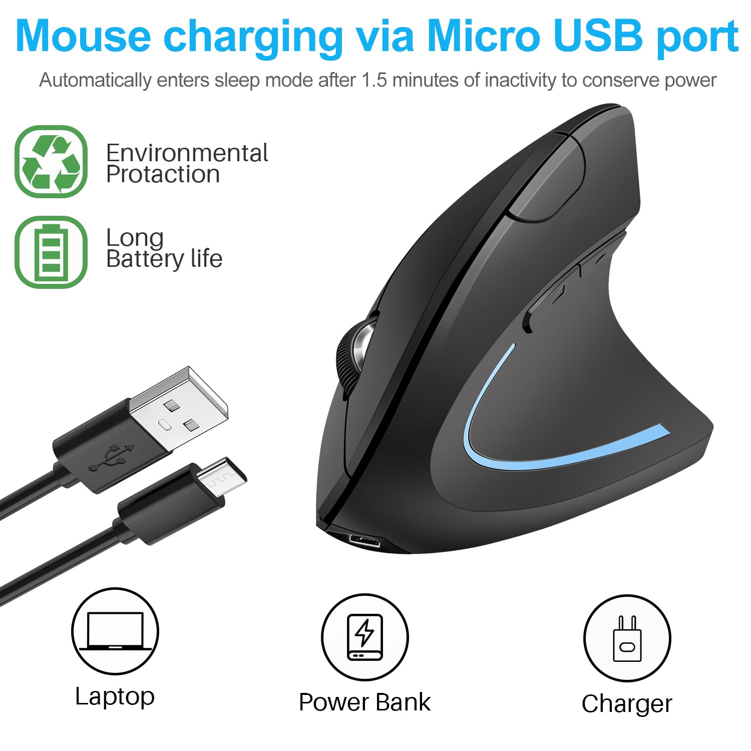 Ergonomic Mouse Vertical  Rechargeable 2.4Ghz Optical (Bluetooth+Usb+Usb C) Modes Wireless Mice  800/1200/1600Dpi 6 Buttons For