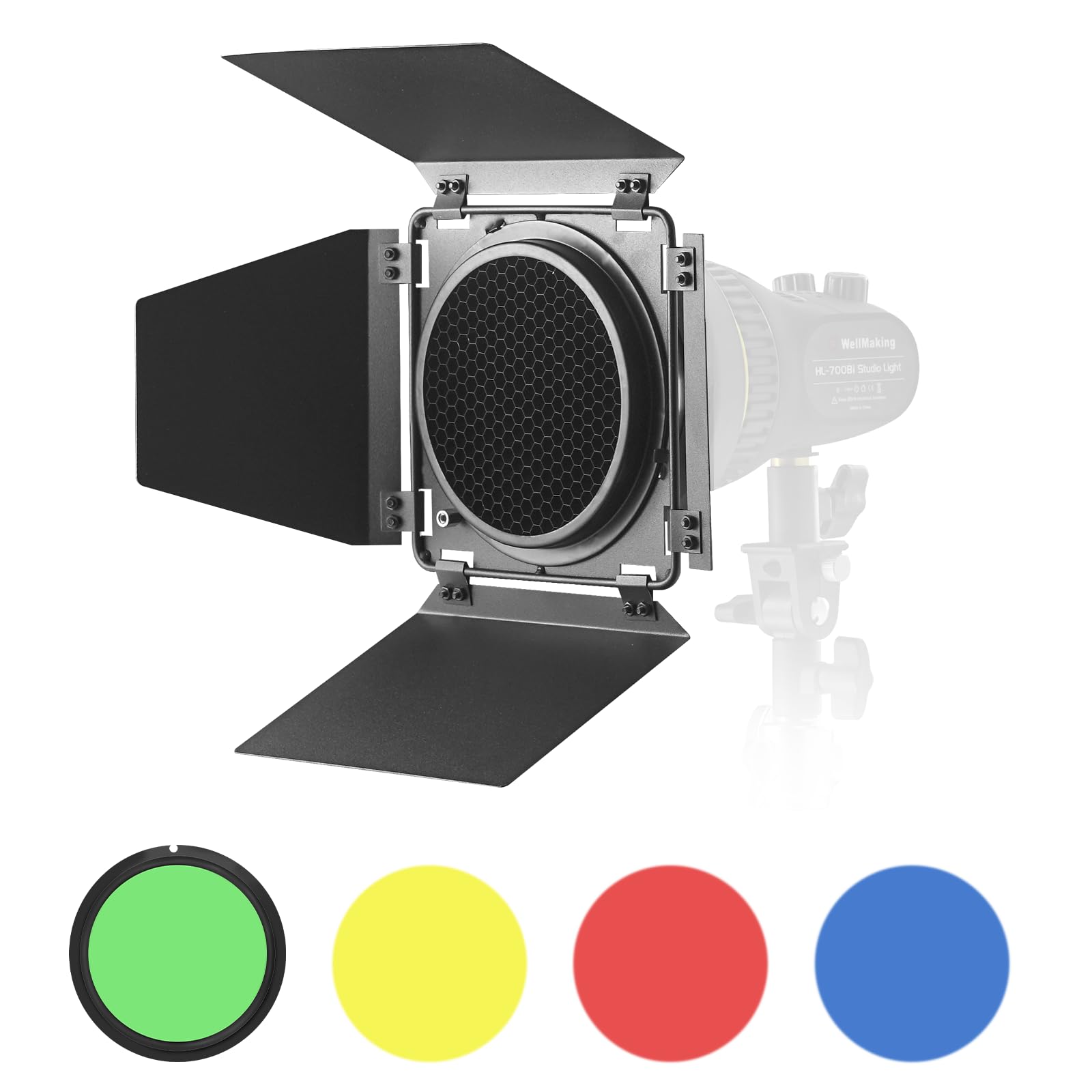 Wellmaking (Barn Door) Barndoor With Honeycomb Grid And 4 Color Gel Filters (Red Orange Blue Green) For Any Led Lights, Itself D