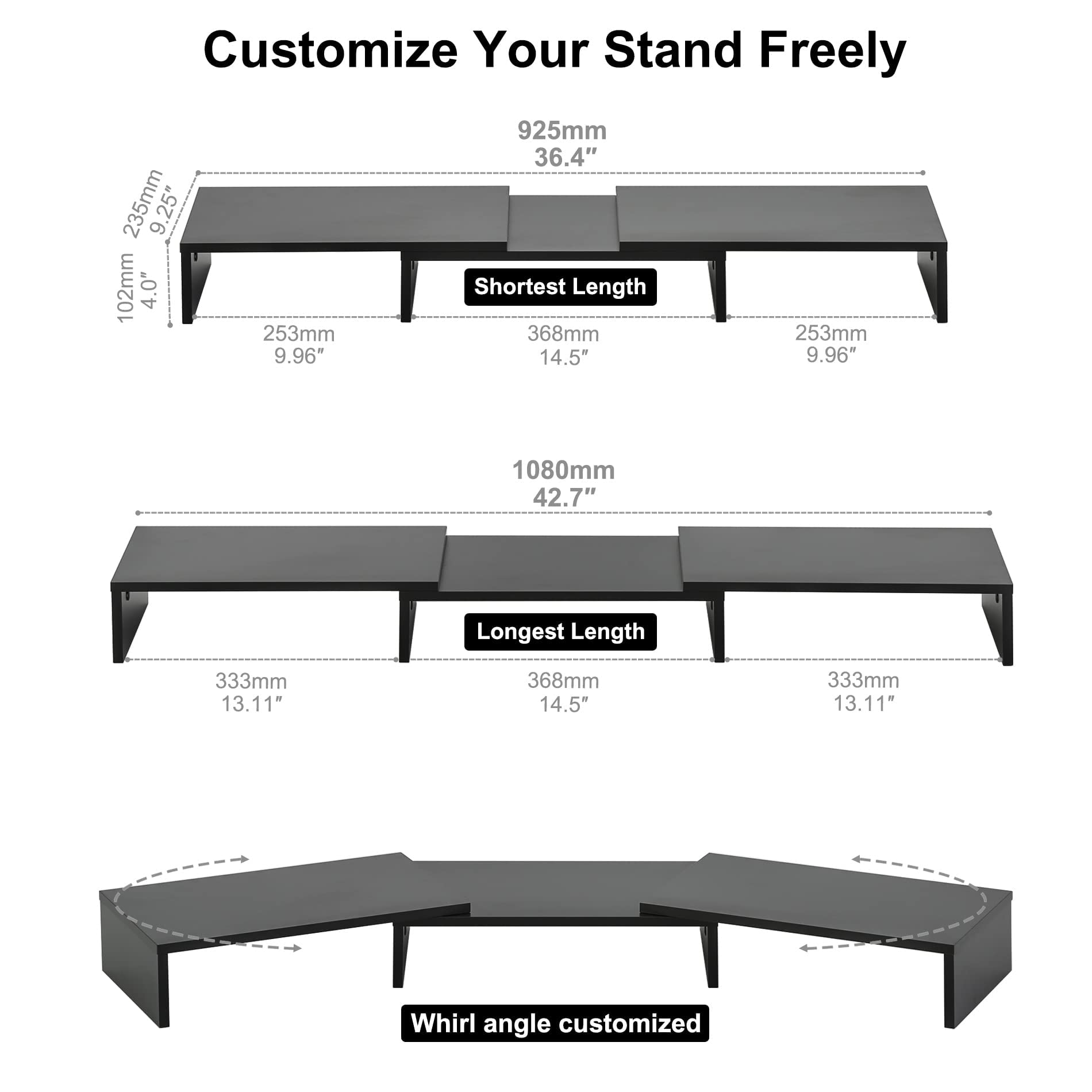 FITUEYES Dual Monitor Stand � 3 Shelf Computer Monitor Riser, Wood Desktop Stand with Adjustable Length and Angle, Desk Accessories, Office Supplies Medium Black, DT108008WW