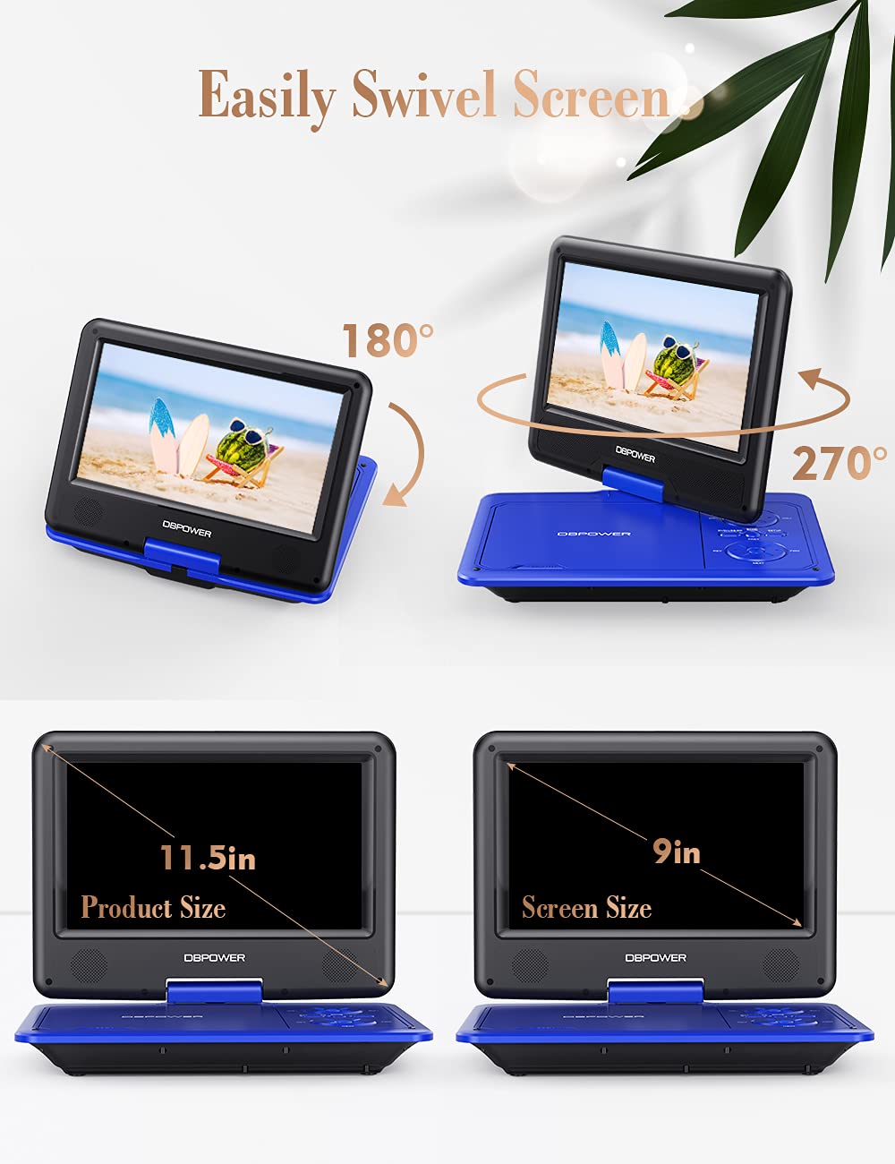 Dbpower 11.5'' Portable Dvd Player, 5 Hour Built In Rechargeable Battery, 9'' Swivel Screen, Support Cd/Dvd/Sd Card/Usb, With Re