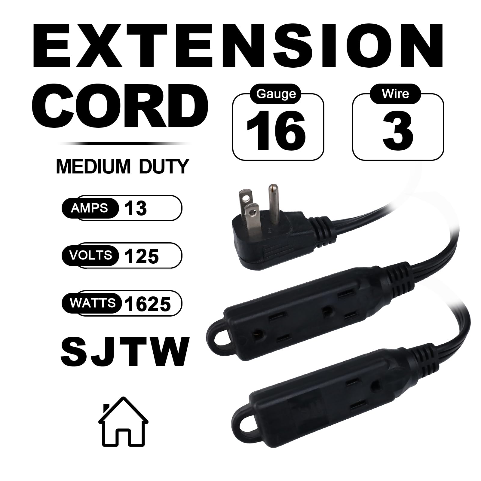 Ep 1 Ft 3 Outlet Extension Cord With Flat Plug, 3 Prong Grounded, 16/3 Spt 3 Power Cable For Indoor Use, Black, 2 Pack