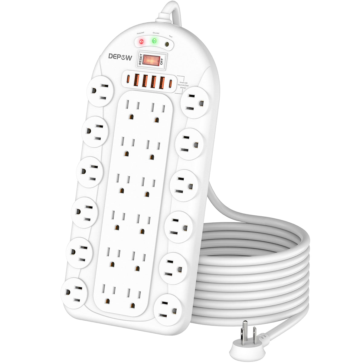 Power Strip Surge Protector (3,400 Joules), Depow 24 Ac Multiple Outlets (1875W/15A) With 6 Usbs (2 Usb C Ports), 8 Ft Long Heav