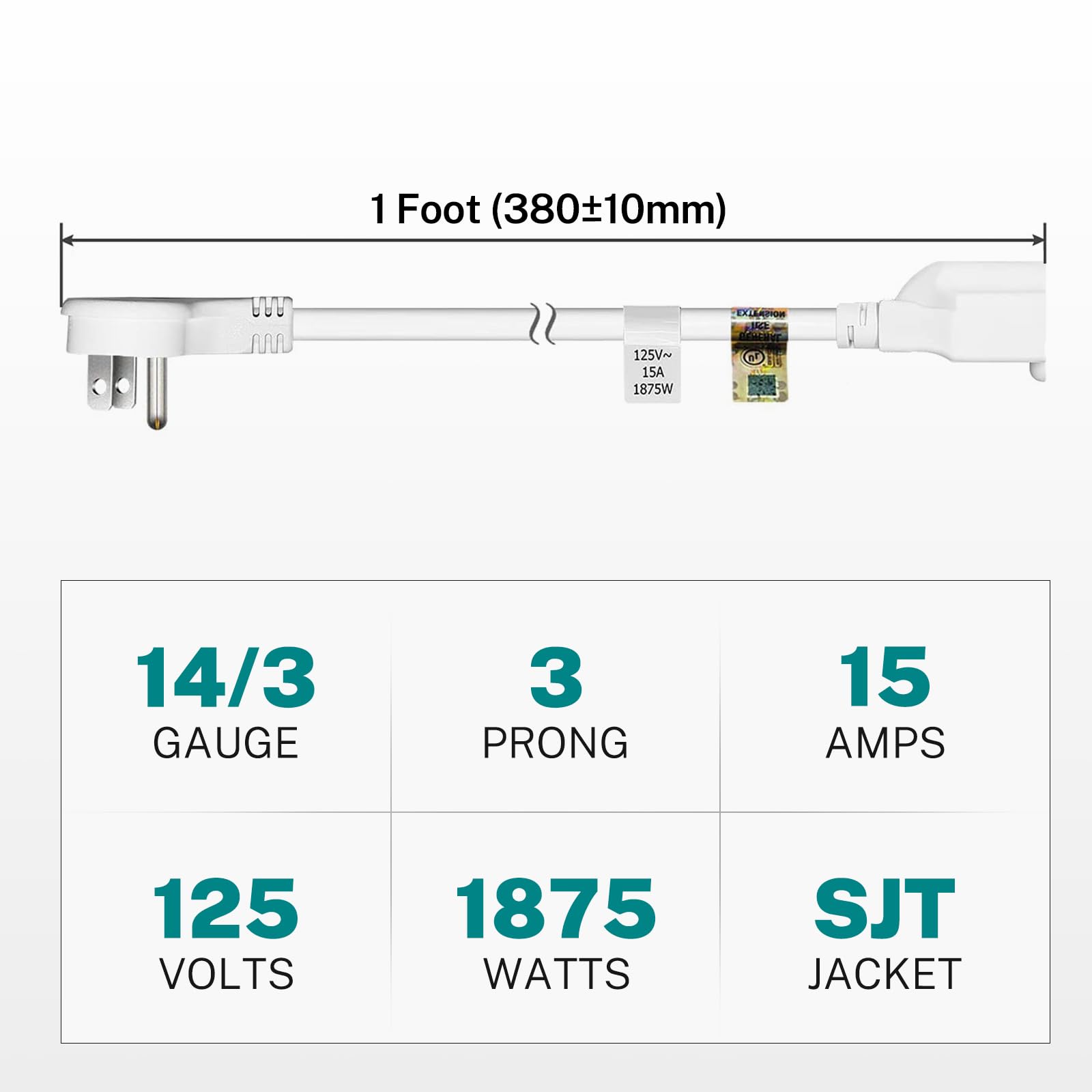 Firmerst 1875W 1Ft Flat Plug 3 Prong Extension Cord 14 Awg 15A White, 6 Packs
