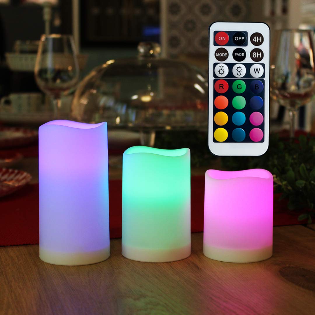 WRalwaysLX Flameless Color Changing LED Candles Set of 3, 2.5" D x H3"/4"/5", Remote Control, Battery Operated, Multicolor Decor