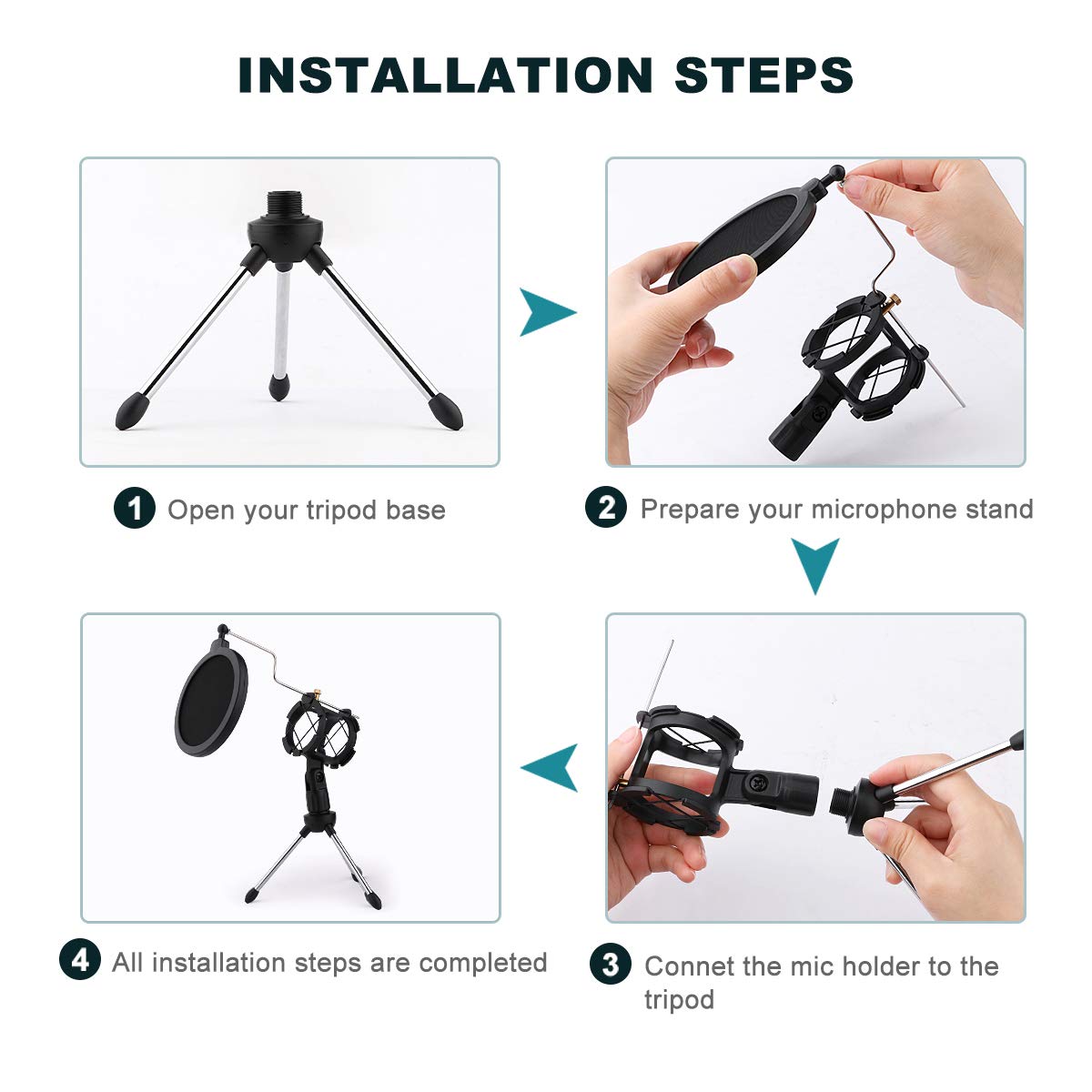 Dreokee Desktop Mic Stand, Microphone Stand Desk Tripod Stand With Shock Mount Portable Mic Holder And Double Non Slip Feet Net