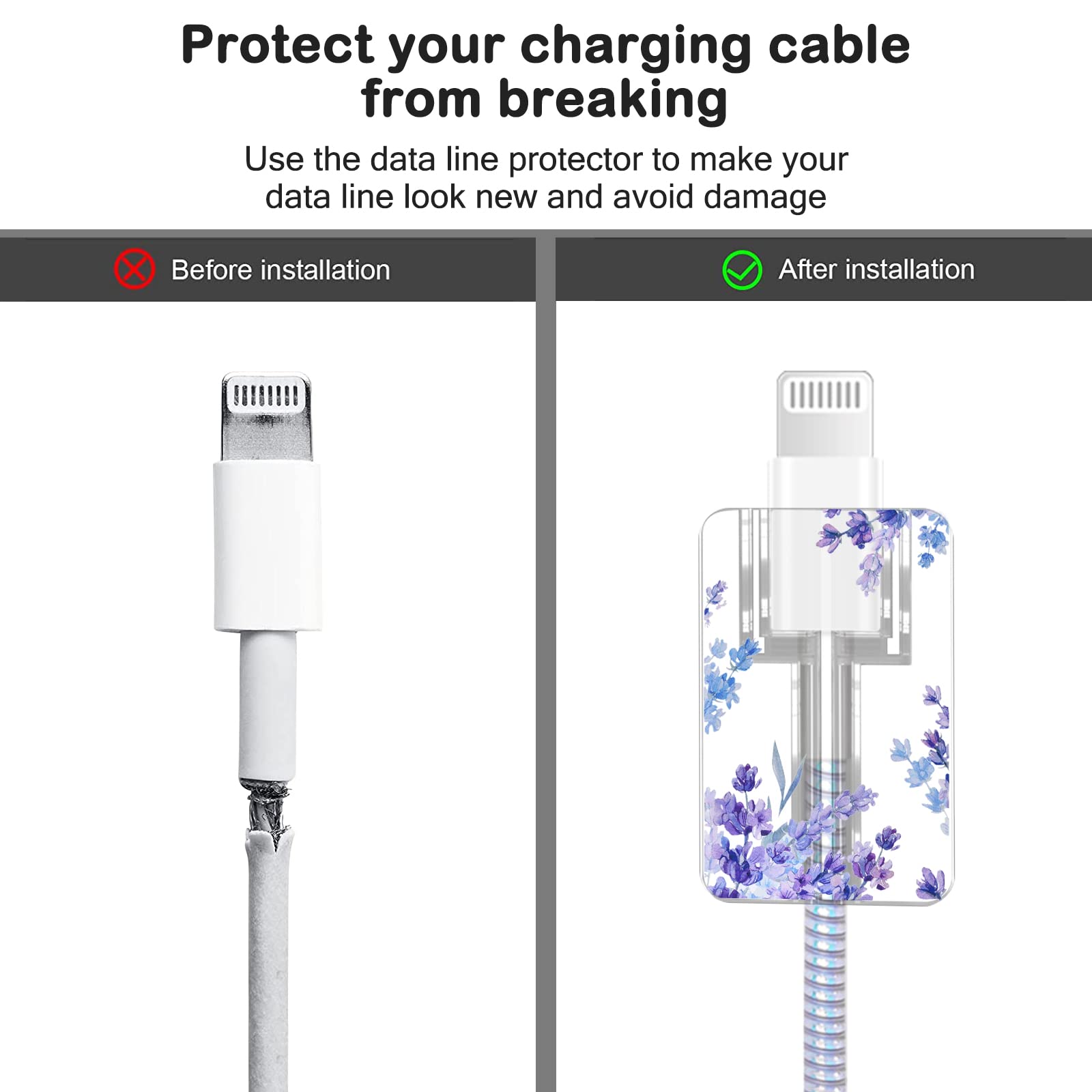 Cute Cable Protector For Iphone Charger,Kawaii Purple Lavender Flower Floral Pattern Unique Design Data Cable Bite Protector Dat