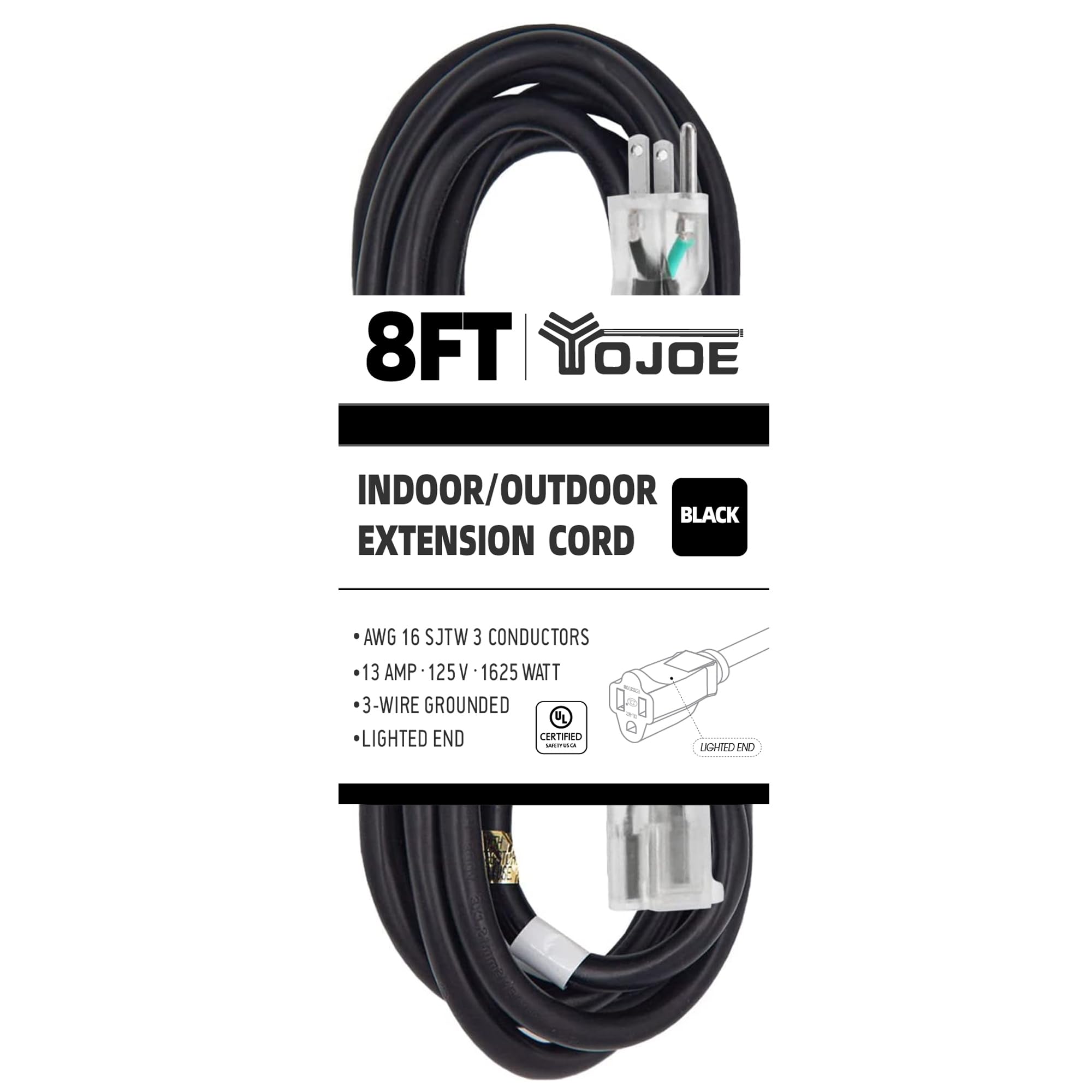 Yojoe Indoor Outdoor Extension Cord With Lighted End, 3 Prong 13A Weatherproof Power Extension Cord, 16 Gauge Heavy Duty 8 Ft Bl