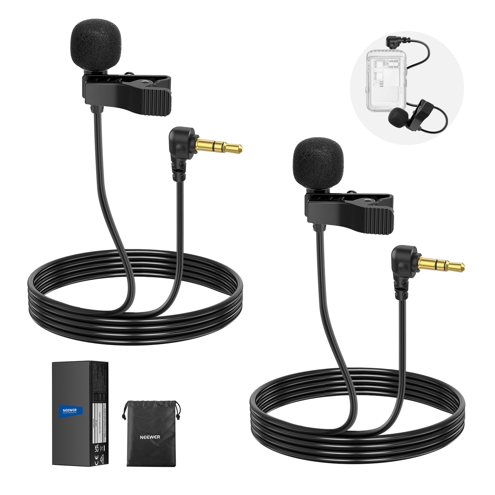 NEEWER Mini Lavalier Microphone (2 Pack), 6.6ft/2m Clip On Wired Condenser Lapel Lav Mic with 3.5mm TRS Connector Compatible wit