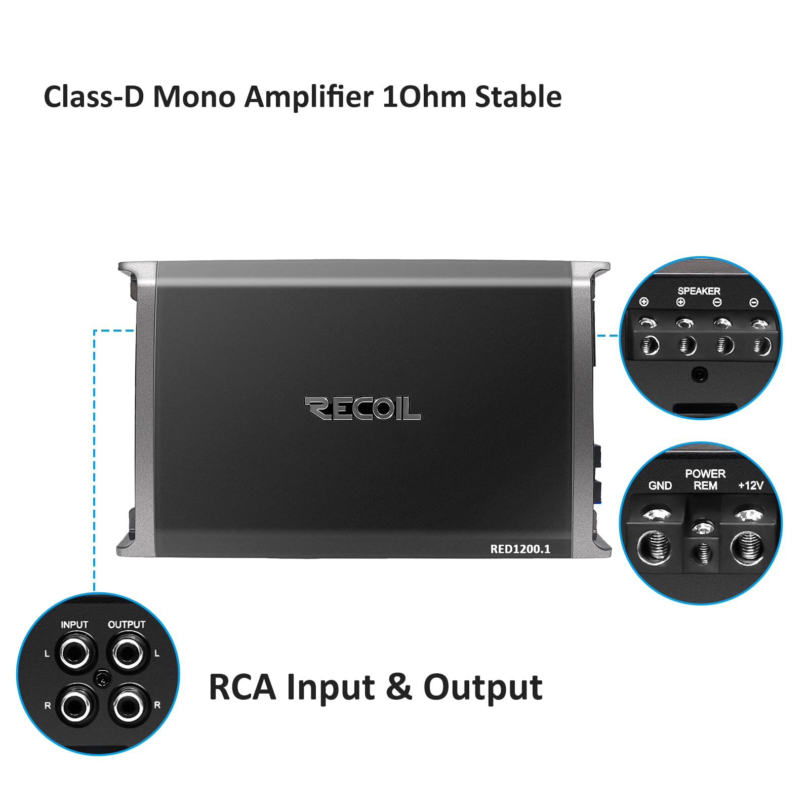 Recoil Red1200 1 2500 Watts Class D Car Audio Mono Block Subwoofer Amplifier, 1 Ohm Stable, Remote Bass Knob Included