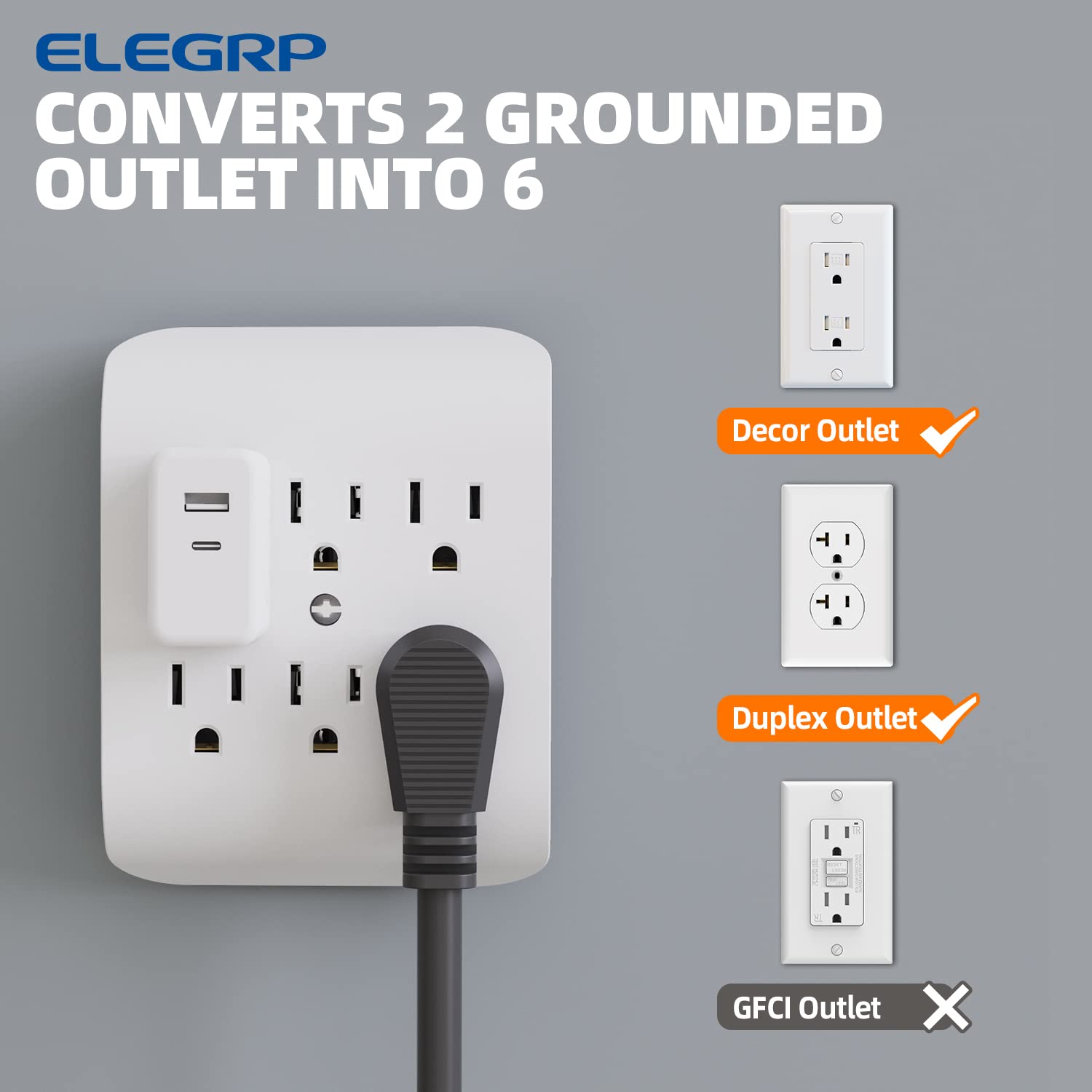 Elegrp 6 Outlet Extender With Central Anchor, 3 Prong Grounded Wall Tab, Multiple Outlet Extender With 6 Electrical Outlets, Etl