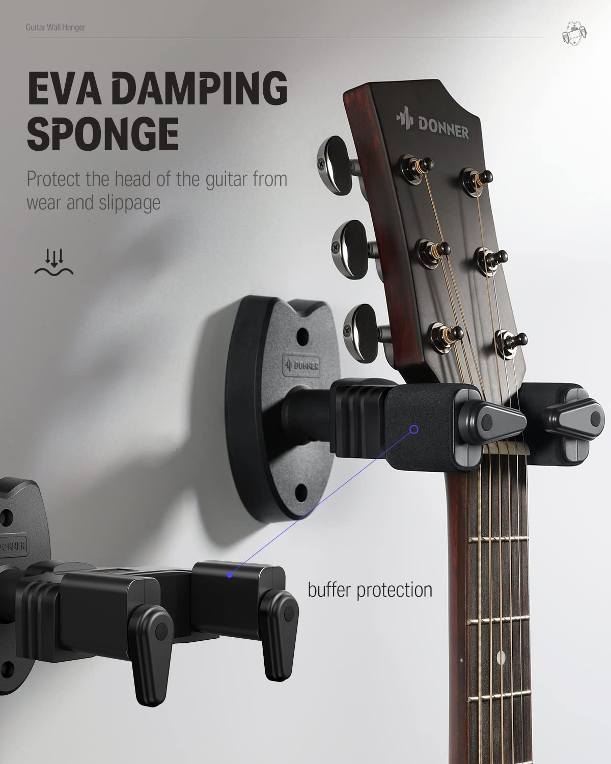 Donner Guitar Wall Mount Locking 2 Pack, Guitar Wall Hangers Auto Lock For Acoustic Electric Guitar Bass Mandolin, Black