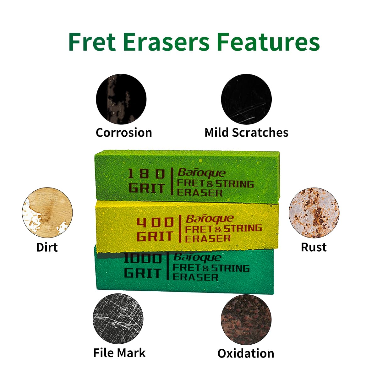 Fret Erasers Grits, Fret Polishing Cleaner & Masking Tape, Guitar Fret Polishing Abrasive Rubber Blocks Tool, Clean Fret Wire/St