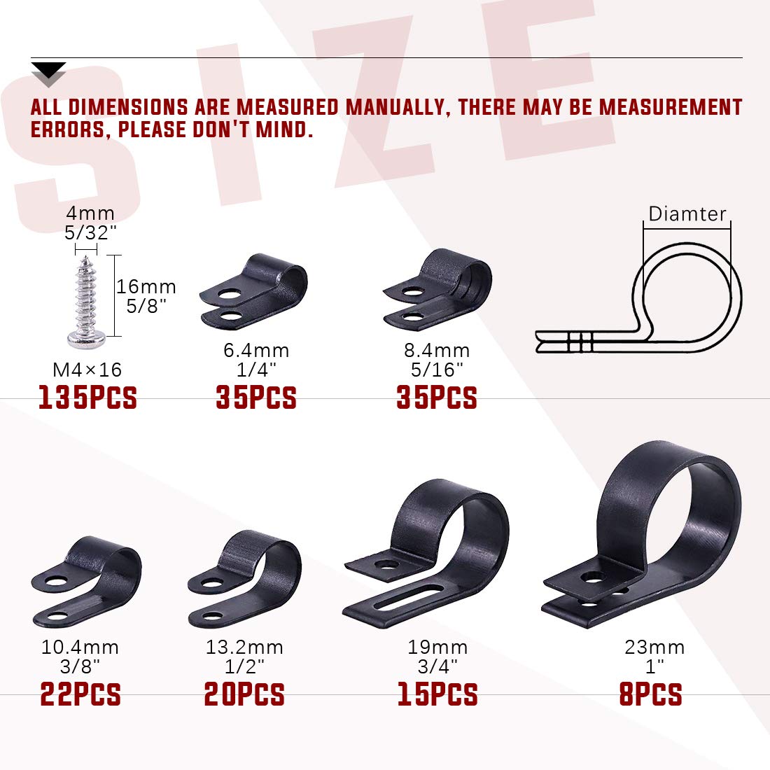 Hilitchi 135 Pcs 6 Sizes Black Plastic Cable Clamp R Type Screw Mounting Cord Fastener Cable Clips Assortment Kit With Screws Fo