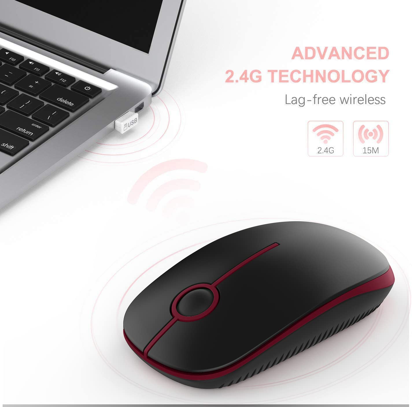 Vssoplor Wireless Mouse, 2.4G Slim Portable Computer Mice With Nano Receiver For Notebook, Pc, Laptop, Computer Black Red