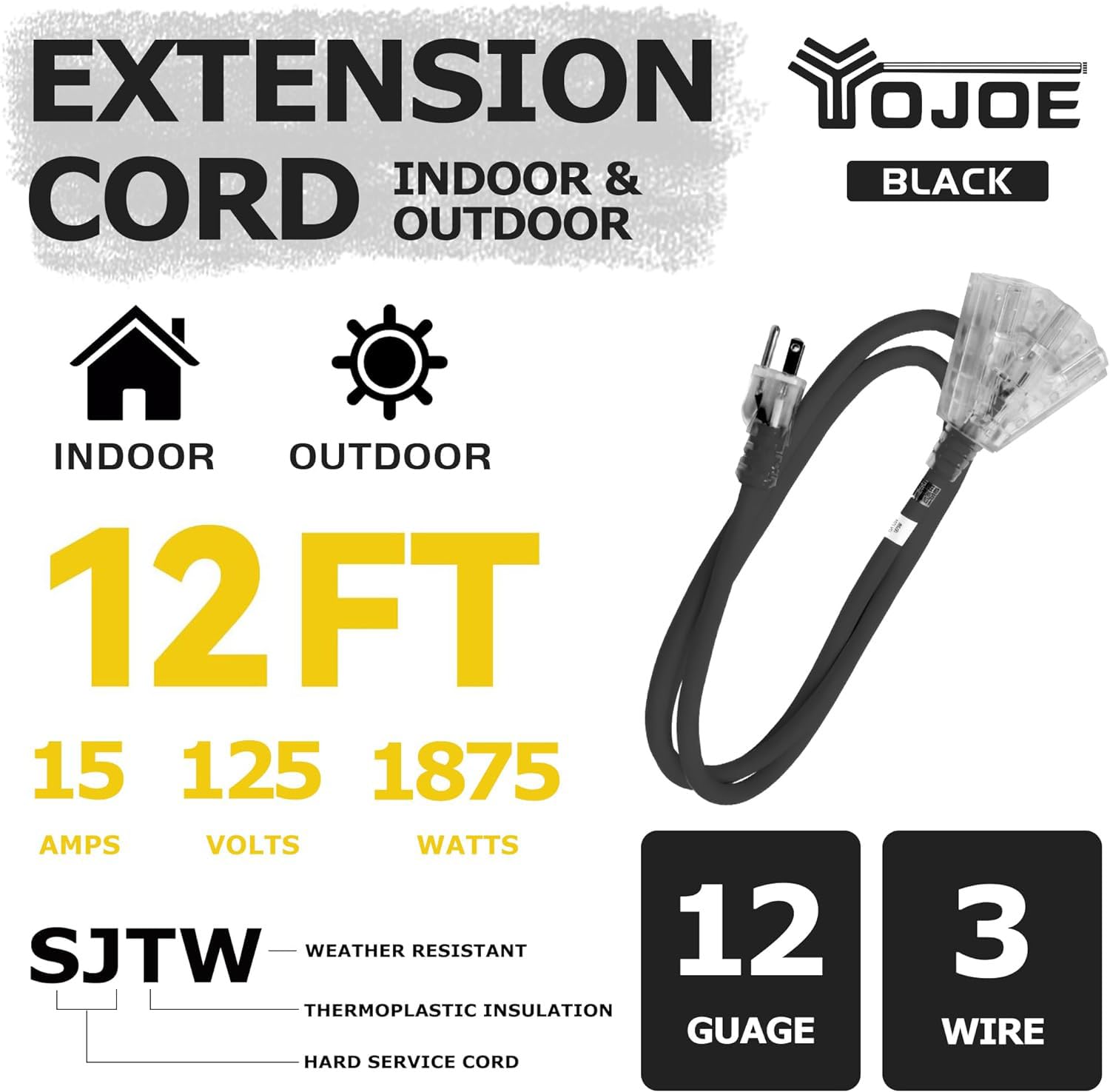 Yojoe 3 Outlets Indoor Outdoor Extension Cord With Lighted End, 3 Prong 15A Weatherproof Power Cord, 12 Gauge Heavy Duty 12 Ft B