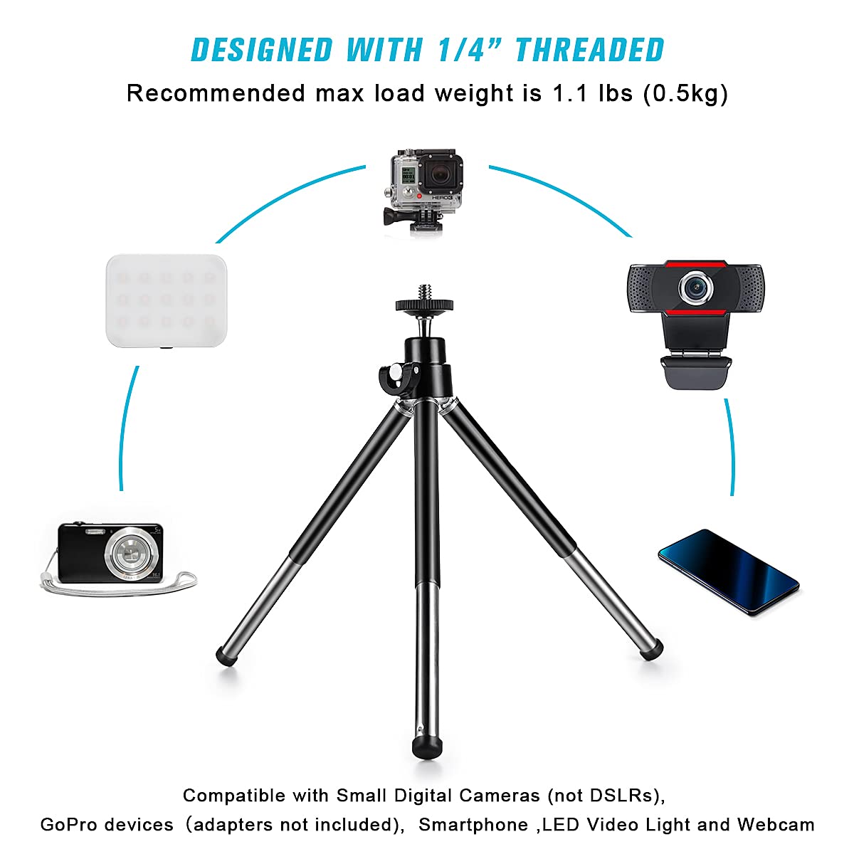 Mini Tripod For Webcam And Phone, Metal Extendable Webcam Stand With Phone Holder, Tripod For Webcam Black