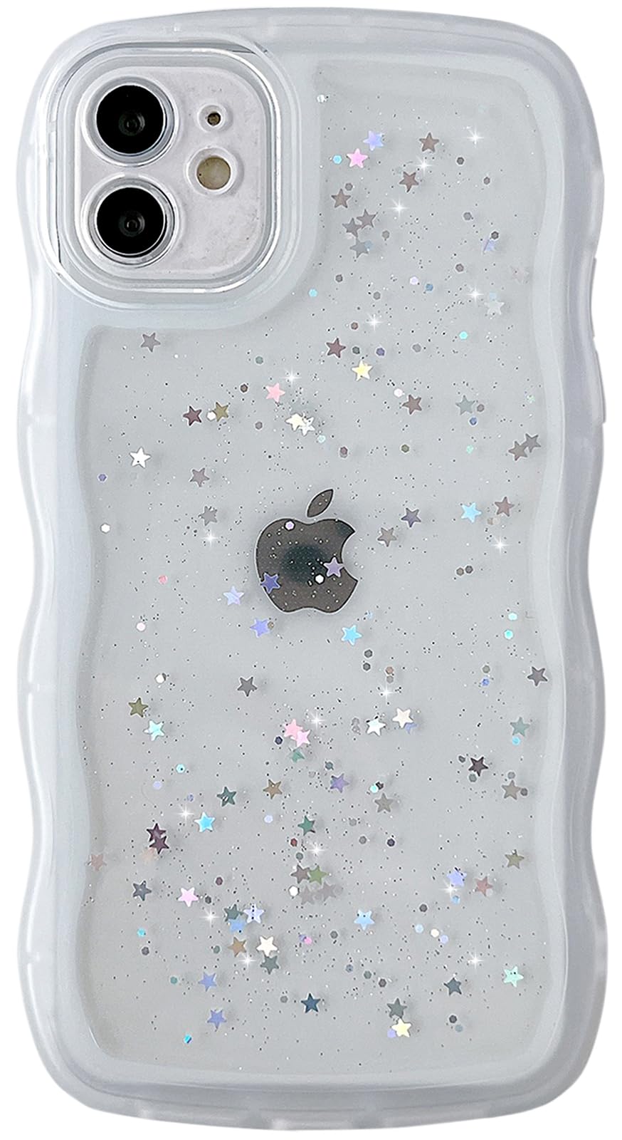 Qokey For Iphone 11 Case 6.1 Inch Curly Wave Design Edge Transparent Bling Glitter Star Shiny Case Cute Clear Transparent Full P