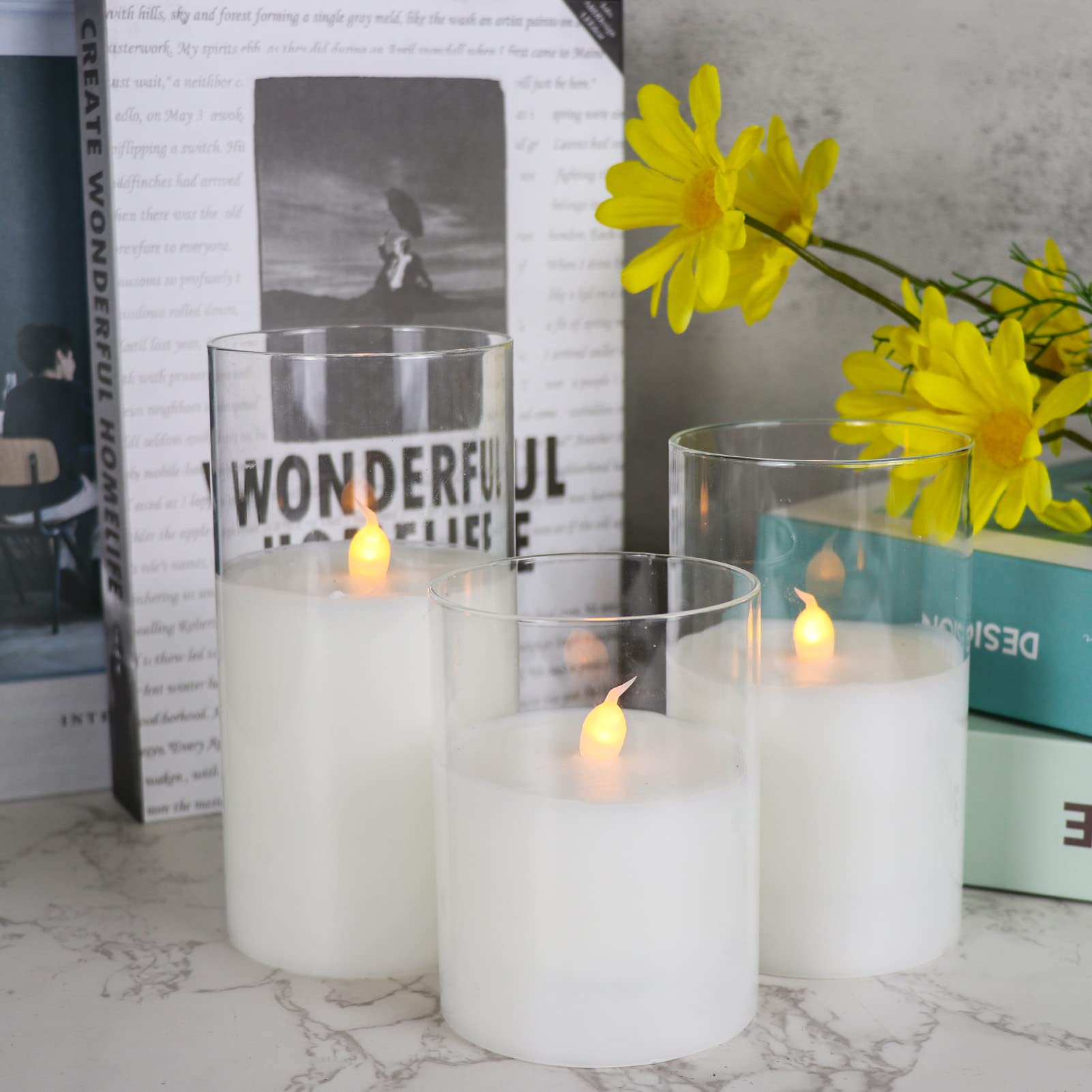 Genswin Clear Glass Battery Operated Flameless Led Candles With 10 Key Remote And Timer, Real Wax Candles Warm White Flickering