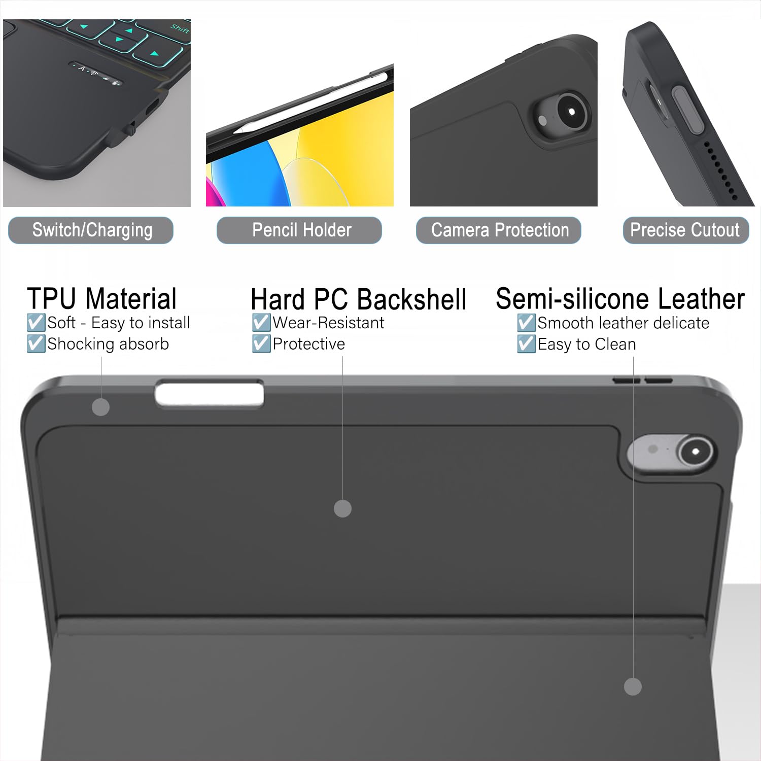 Zenlu Ipad 10Th Generation Case With Keyboard Detachable, Rugged Protective Case With 7 Color Backlit Keyboard, Multi Touch Trac