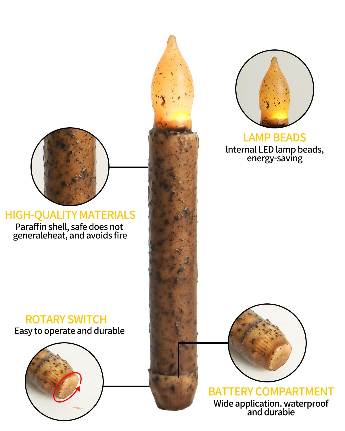 Oneihomm 12 Pcs Primitive Candles Timer, Amber Yellow Flickering Lights, Hand Dipped Real Wax Rustic Taper Candle Battery Operat