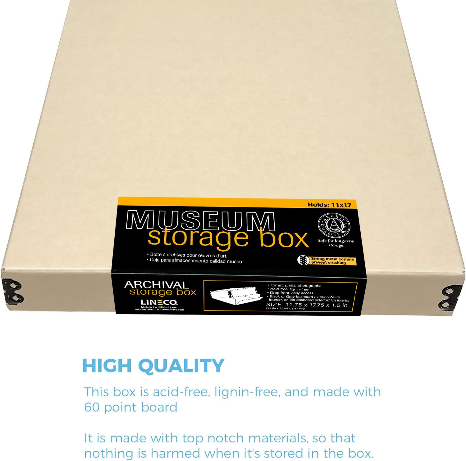Lineco Museum Archival Storage Box, 11.75X17.75X1.5 In. Drop Front Design. Acid Free With Metal Edge. Organize Photos, Pictures, Prints, Documents, Crafts, Diy. Tan, 1 Pack