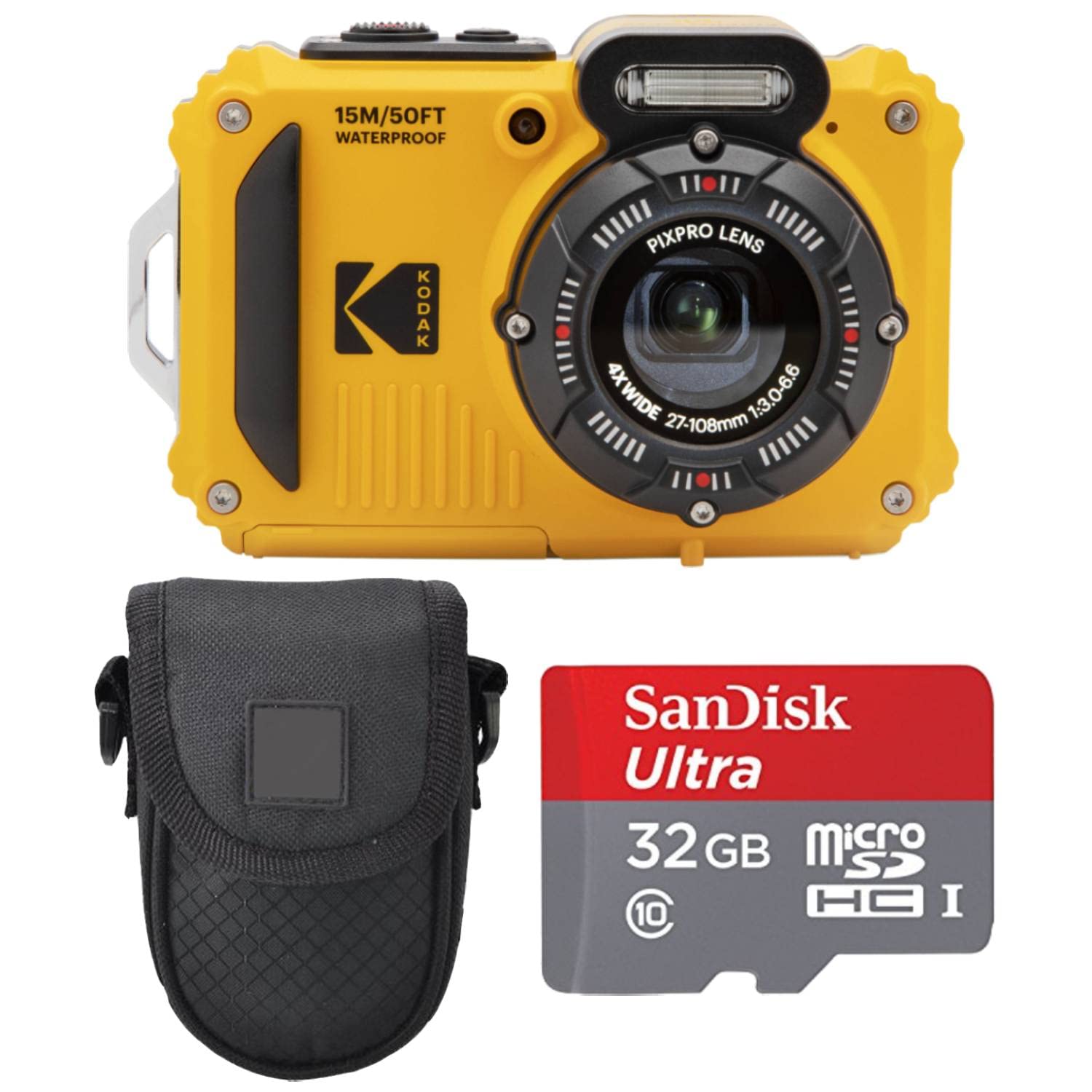 Kodak Pixpro Wpz2 Rugged Waterproof Digital Camera Bundle With Black Point & Shoot Case + 32Gb Microsdhc Card (Yellow) Bundle (3 Items)