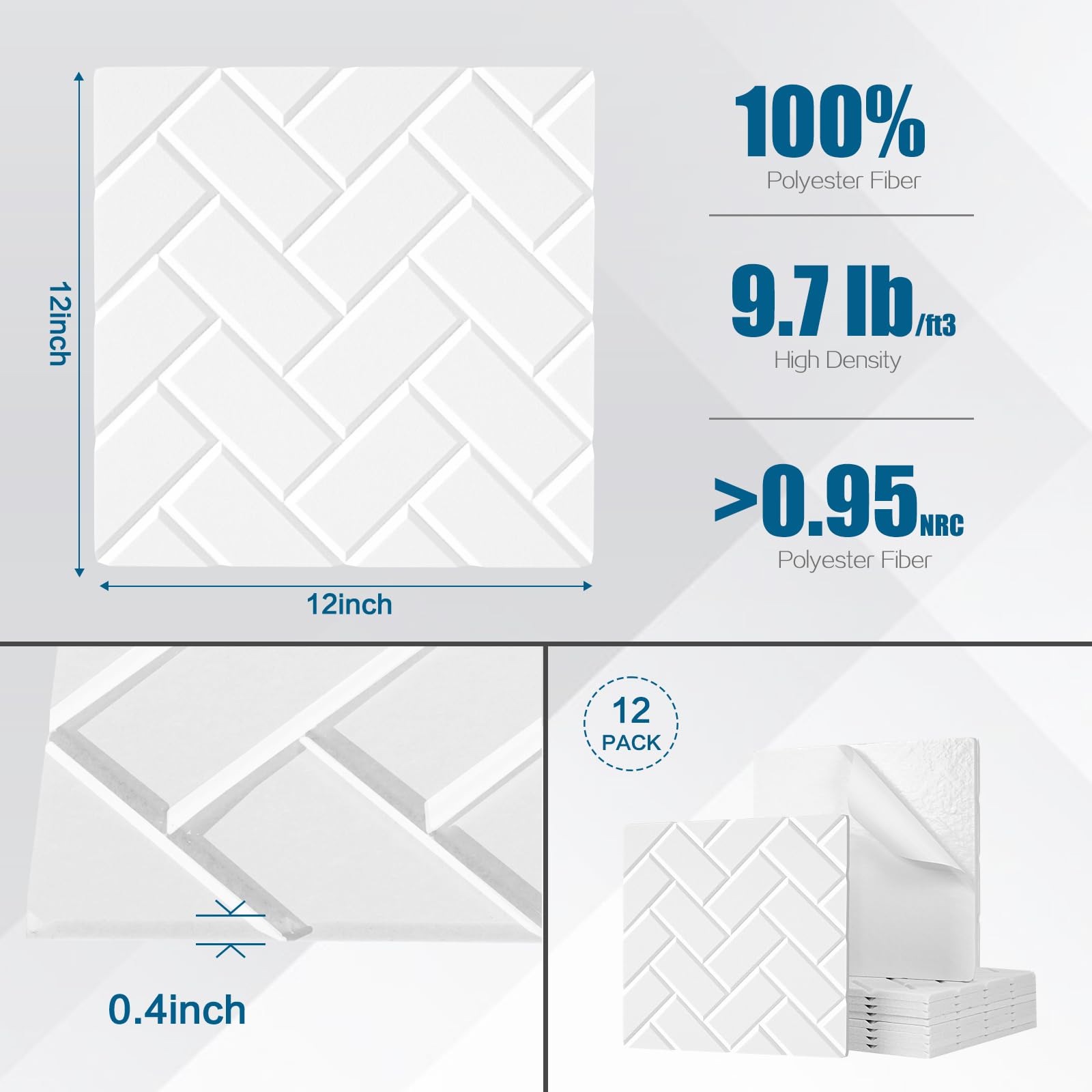 Tutmyrea 12 Pack Self Adhesive Acoustic Panels, 12''X12''X0.4'' Brick Pattern Soundproof Wall Panels, High Density Sound Absorbi