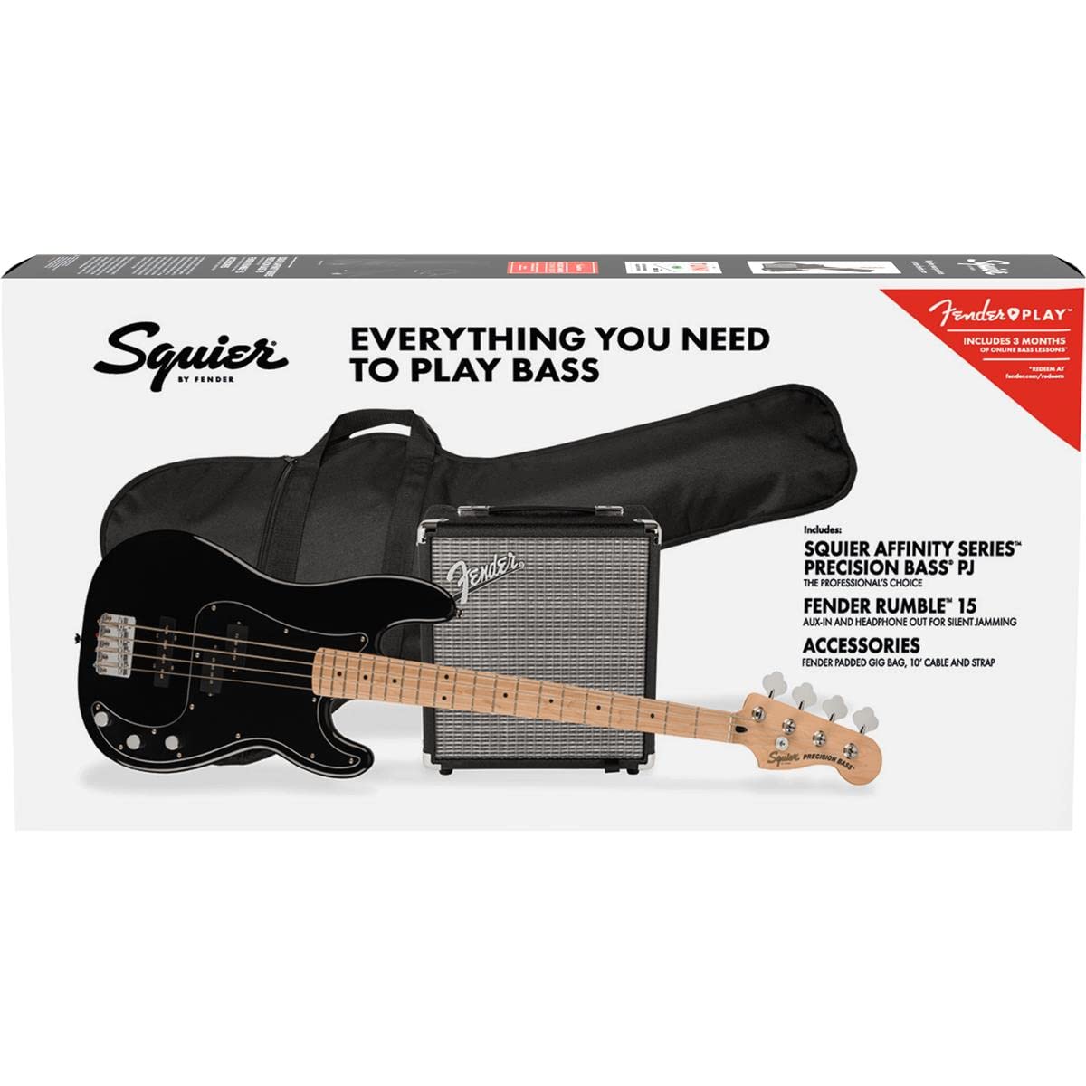Squier By Fender Precision Bass Guitar Kit, Affinity Series, Laurel Fingerboard, Black, Poplar Body, Maple Neck, With Guitar Bag