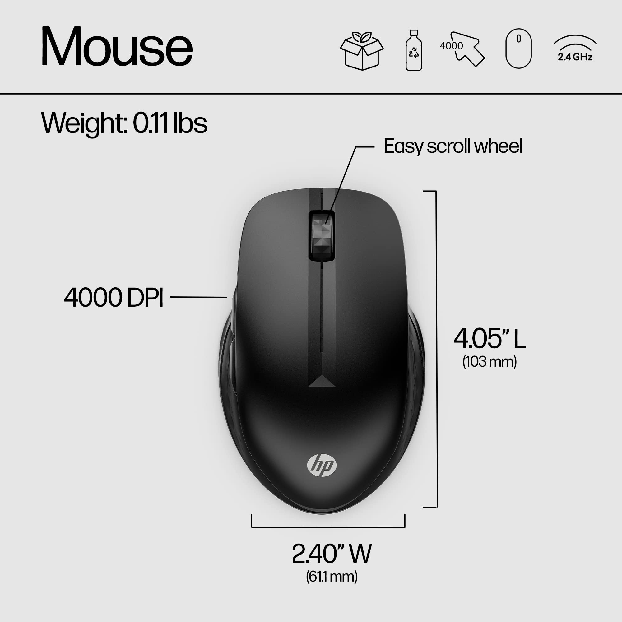 Hp 430 Multi-Device Wireless Mouse (Black) - Bluetooth 5.2 & 2.4 Ghz Usb Receiver Dongle - 4000 Dpi Cursor Tracking, 4 Customiza