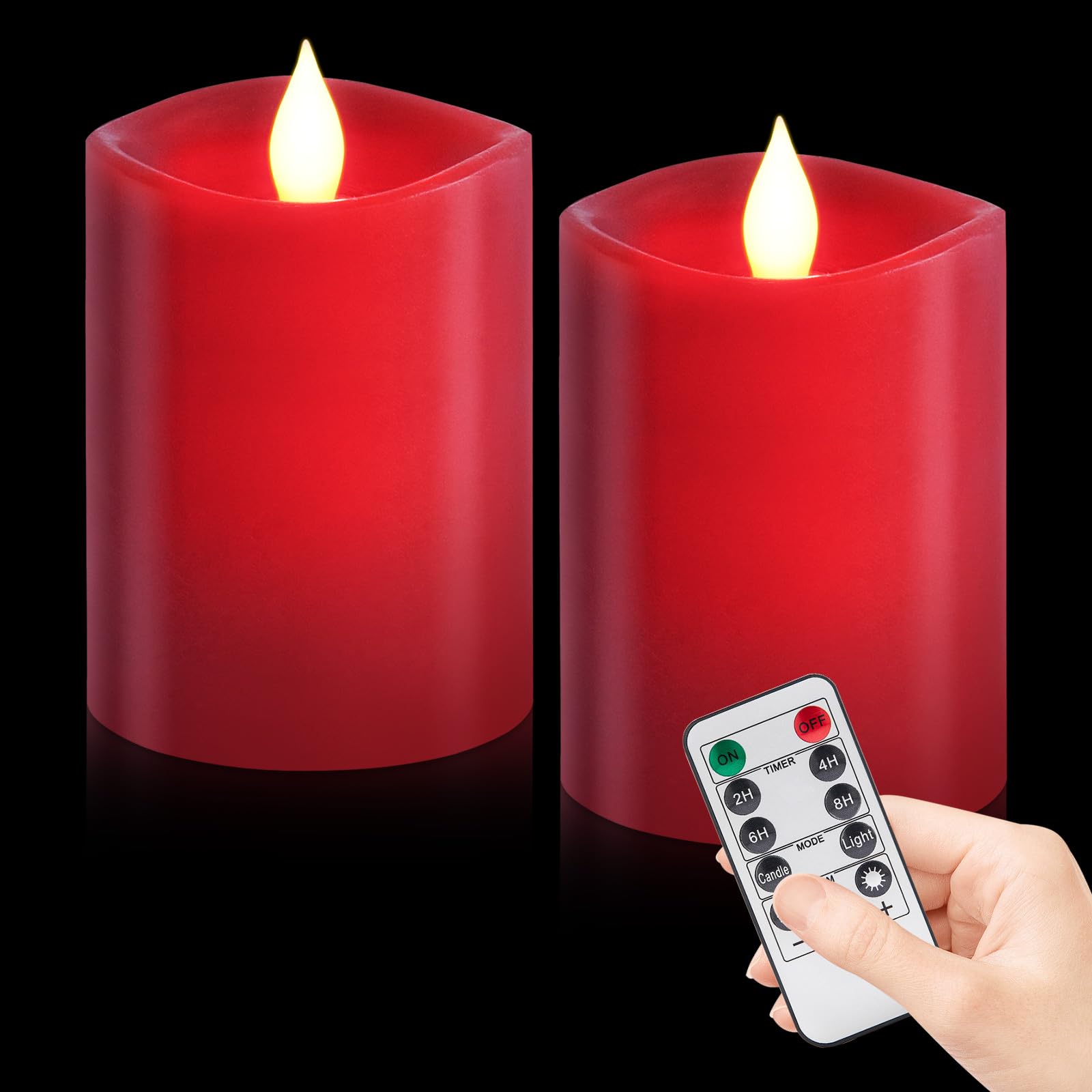 Woocodowe 3 x 4 Red Flameless Candles - LED Pillar with Remote, Timer, Flickering, 600+ Hour Battery Life, Ideal for Christmas, 