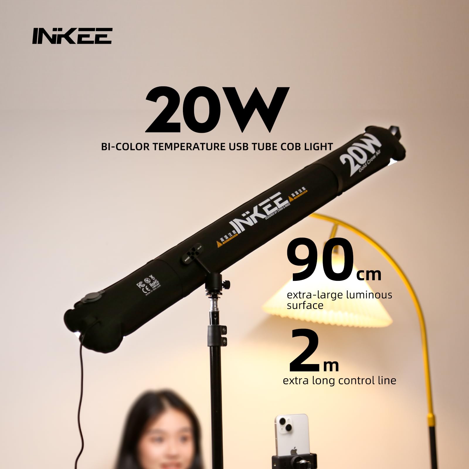 Inkee Gc20 Bi Color Handheld Led Tube Light Video Light Wand,20W 2M Type C Charging 2700K 6500K Inflatable Ball Portable Photogr
