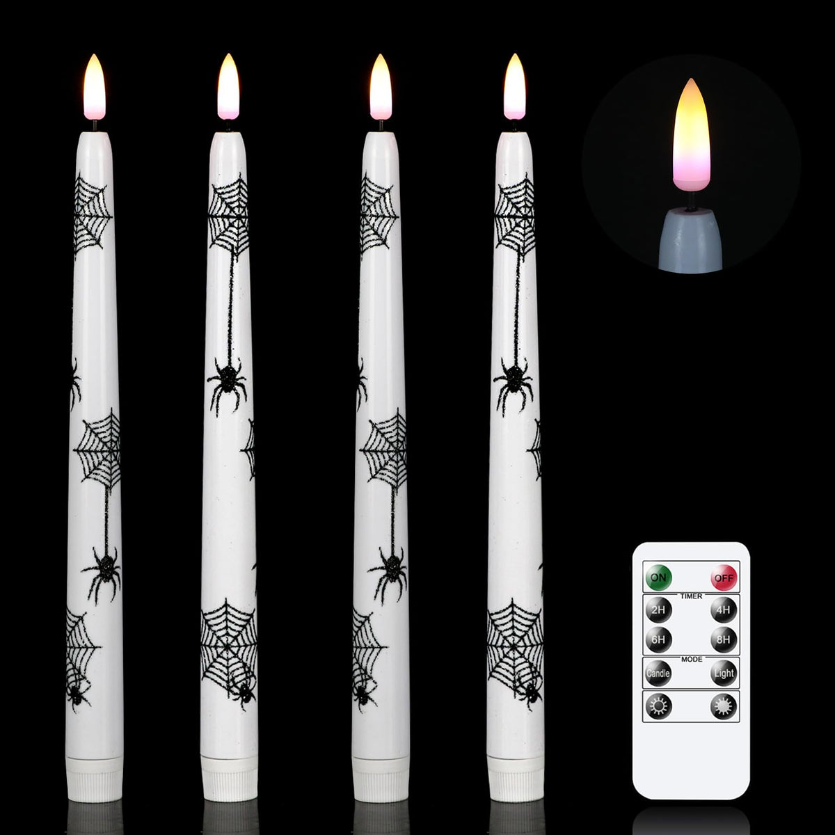 Wondise Halloween Flameless Taper Candles With Remote & Timer, 4 Pack Spider Halloween Candles Battery Operated Led Flickering C