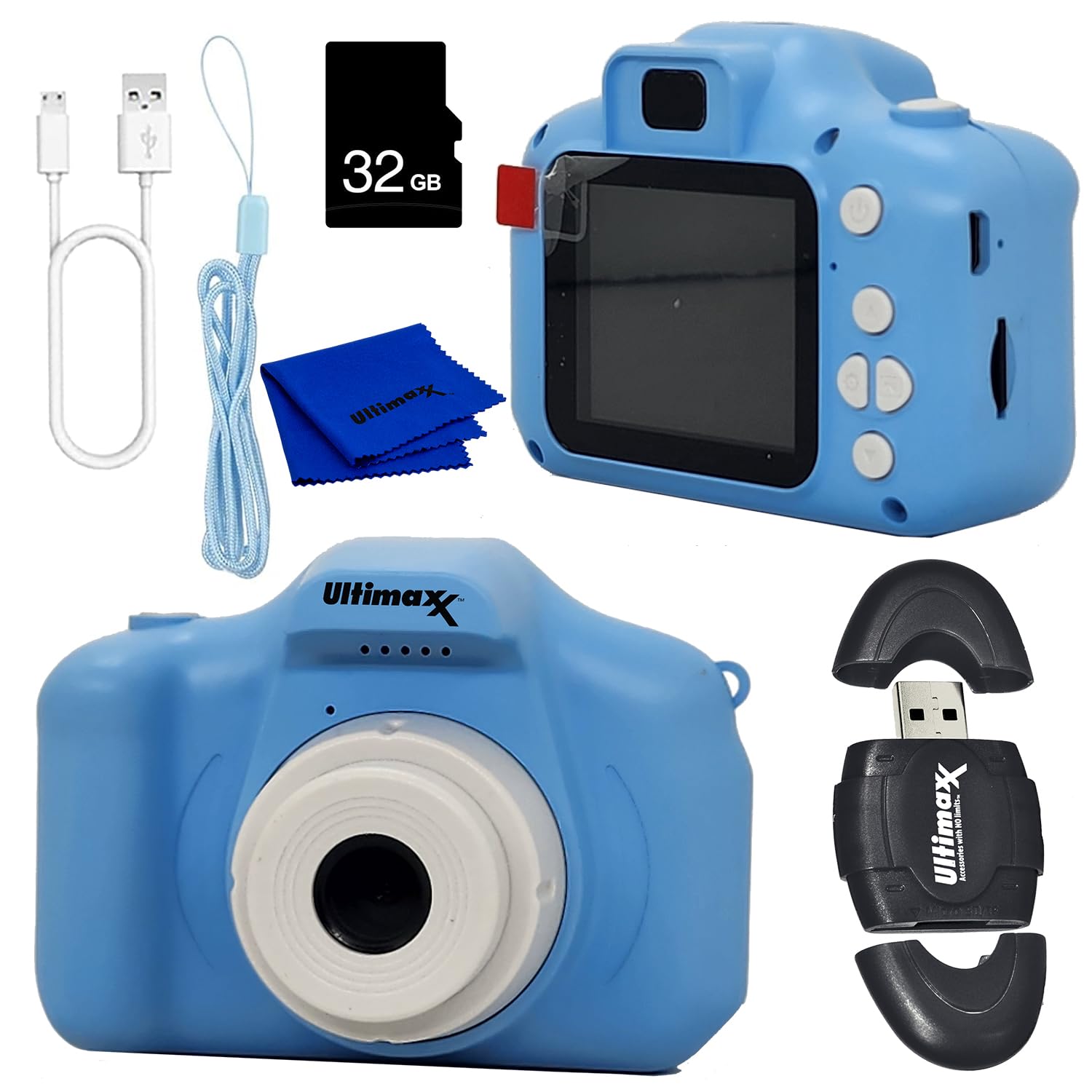 Ultimaxx Essential Kids Digital Camera Bundle (Blue)   Includes: 32Gb Microsd Card, High Speed Memory Card Reader With Internal Microsd Slot, Lanyard, Microfiber Cloth & More (6Pc Bundle)