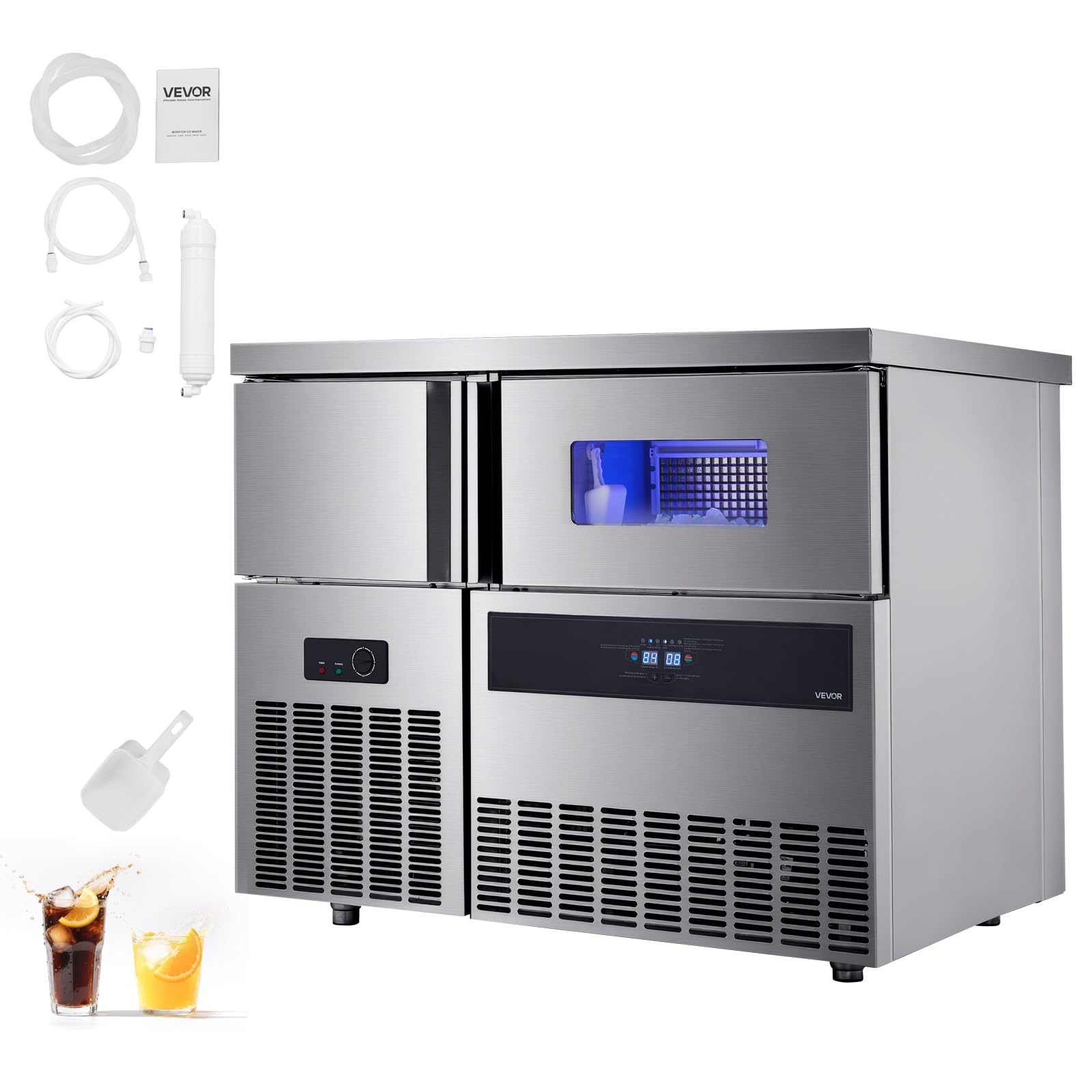 VEVOR Commercial Ice Maker Machine, 330 lbs/24H Stainless Steel Ice Machine with Worktop, 88 lbs Storage & 144 Cubes/Cycle, Self