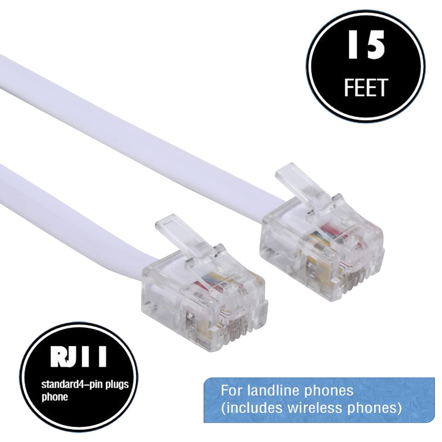 Lansensu 15 Feet Telephone Landline Extension Cord Cable Cord With Standard Rj 11 6P4C Plug (White 15 Ft, 2Pack)