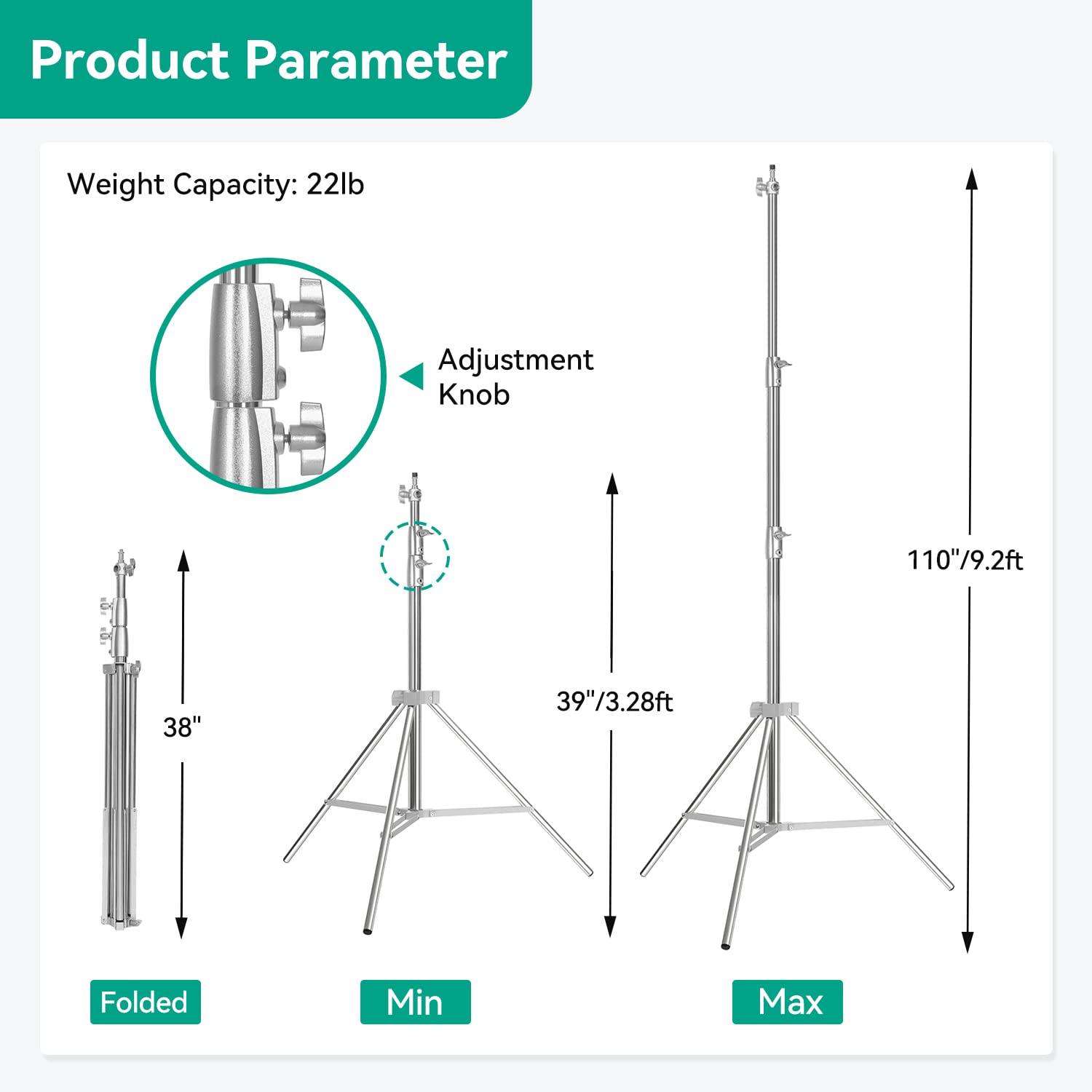 Heavy Duty Light Stand Photography: Stainless Steel   Takerers 9.2Ft/110Inch Adjustable Tripod Stands With Spring Cushioned, 1/4