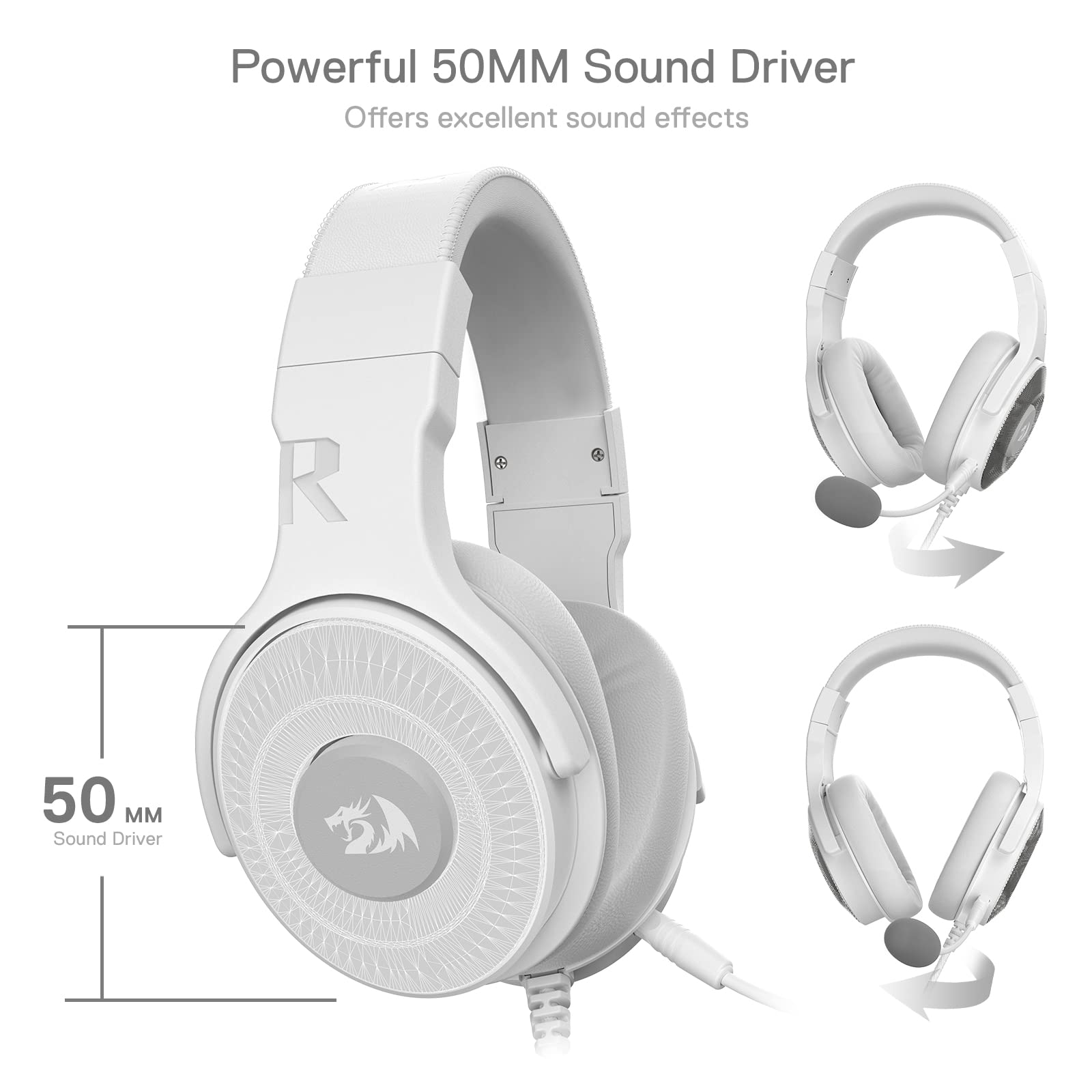 Redragon H350 White Wired Gaming Headset, Dynamic Rgb Backlight - Stereo Surround-Sound - 50Mm Drivers - Detachable Microphone,