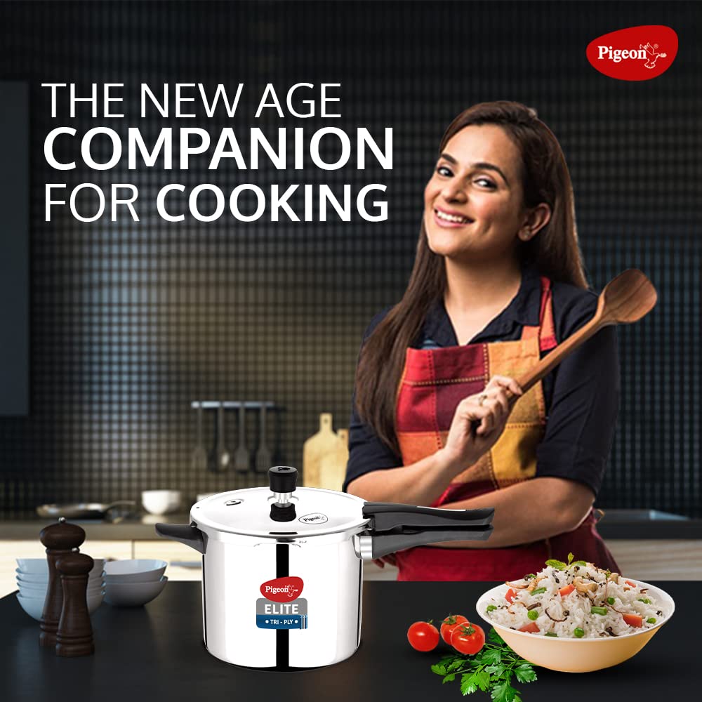 Pigeon Elite Tri Ply Stainless Steel Body Outer Lid Pressure Cooker Induction And Gas Stove Compatible 3 L   Silver