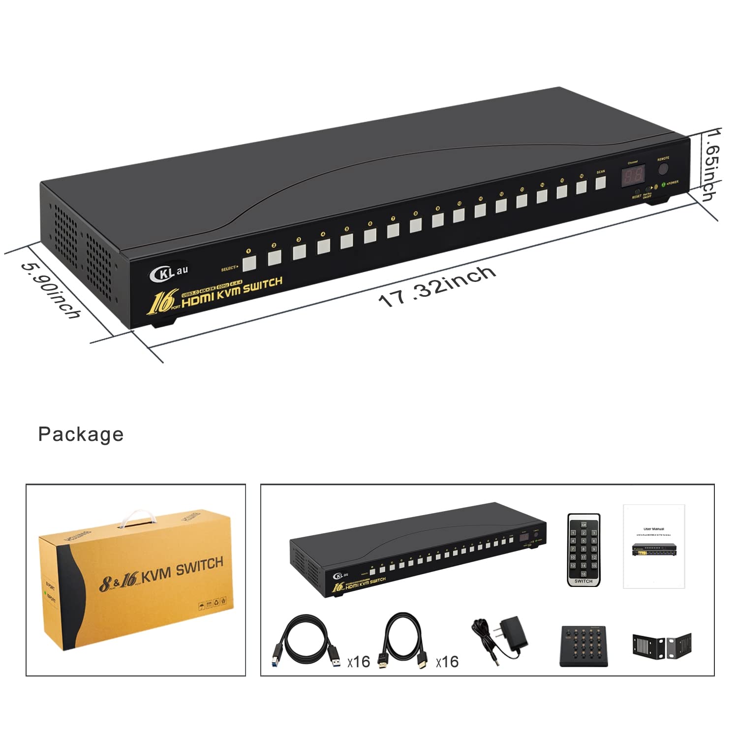 Cklau 16 Port Rack Mount Usb 3.0 Kvm Switch Hdmi 4K60Hz With Audio, Cables, And 2 Pcs Usb 3.0 Hub For 16 Computers Sharing Singl