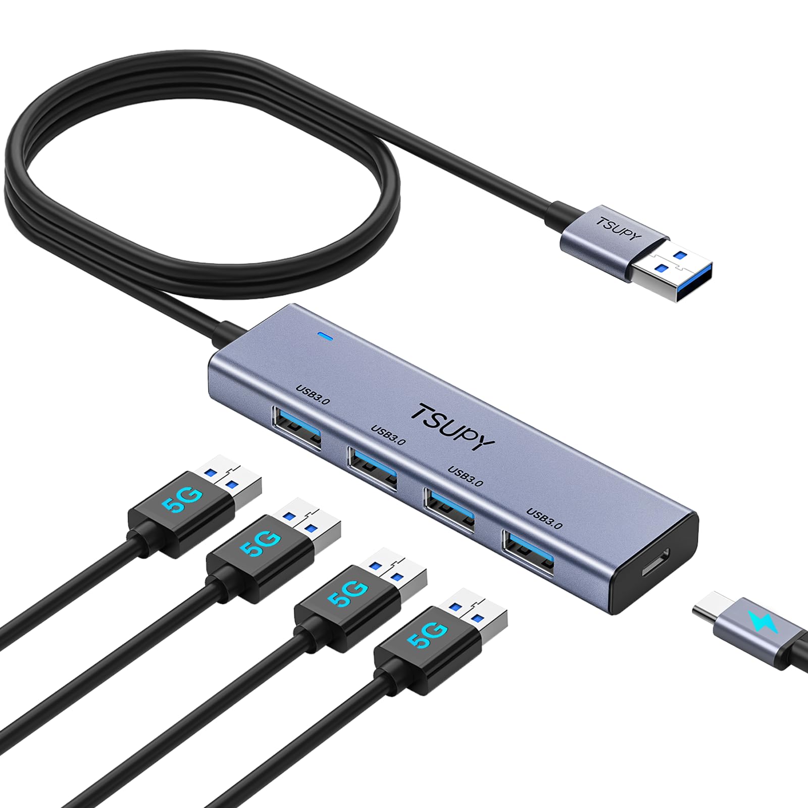 Usb 3.0 Hub, Tsupy Usb Splitter With 5 Usb Ports And 4Ft Extended Cable,Ultra Slim Aluminium Data Hub Multi Usb 3.0 Adapter Hub Compatible For Laptop,Macbook,Pc, Printer, Mobile Hdd And More