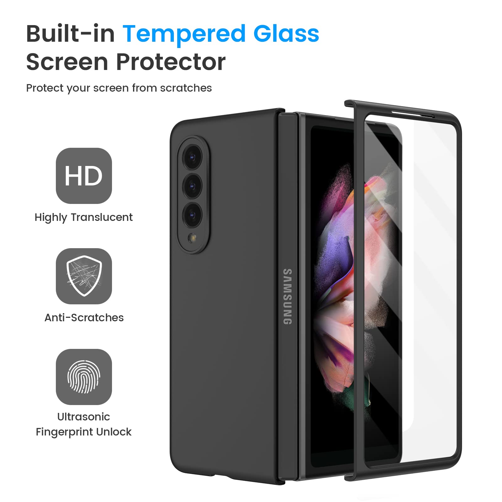 Ruky For Galaxy Z Fold 3 Full Body Case, Built In Screen Protector, Hard Pc Ultra Thin Anti Scratches Shockproof Protective Phon
