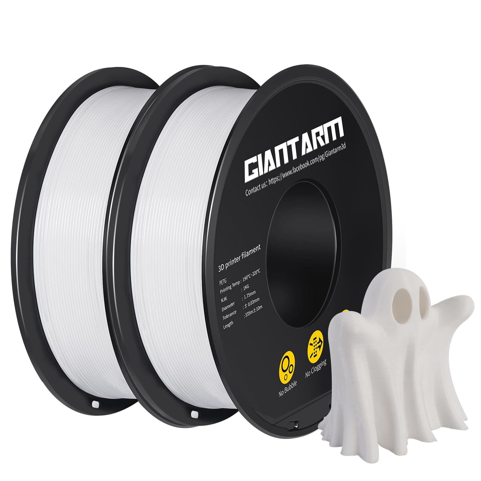 GIANTARM PETG Filament 1.75, 3D Printer Filament 2KG, Toughness Enhanced, Dimensional Accuracy +/-0.02mm, Vacuum Package (White+