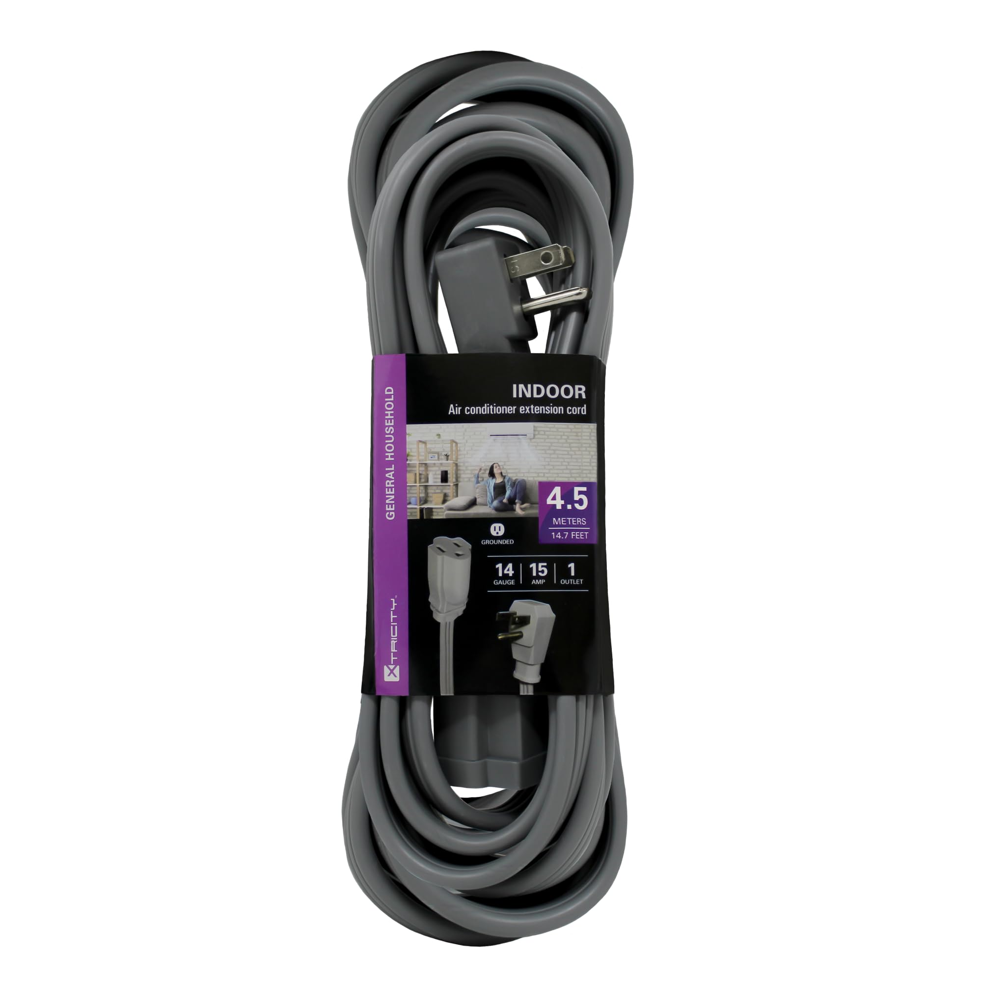 15 Ft Heavy Duty Air Conditioner And Appliance Extension Cord, 14 Gauge, 15 Amp, Etl Listed, Grey