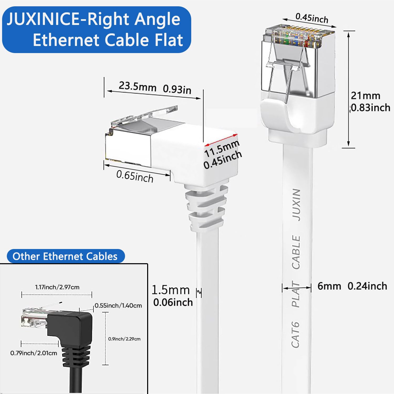 Juxinice 2Pack Right Angle Cat 6 Ethernet Cable 90 Degree Cat7 Ethernet Patch Cable 6Ft, 10Gbps High Speed Flat Cat6 Gigabit Internet Network Lan Patch Cords  White(Up+Down) Angle