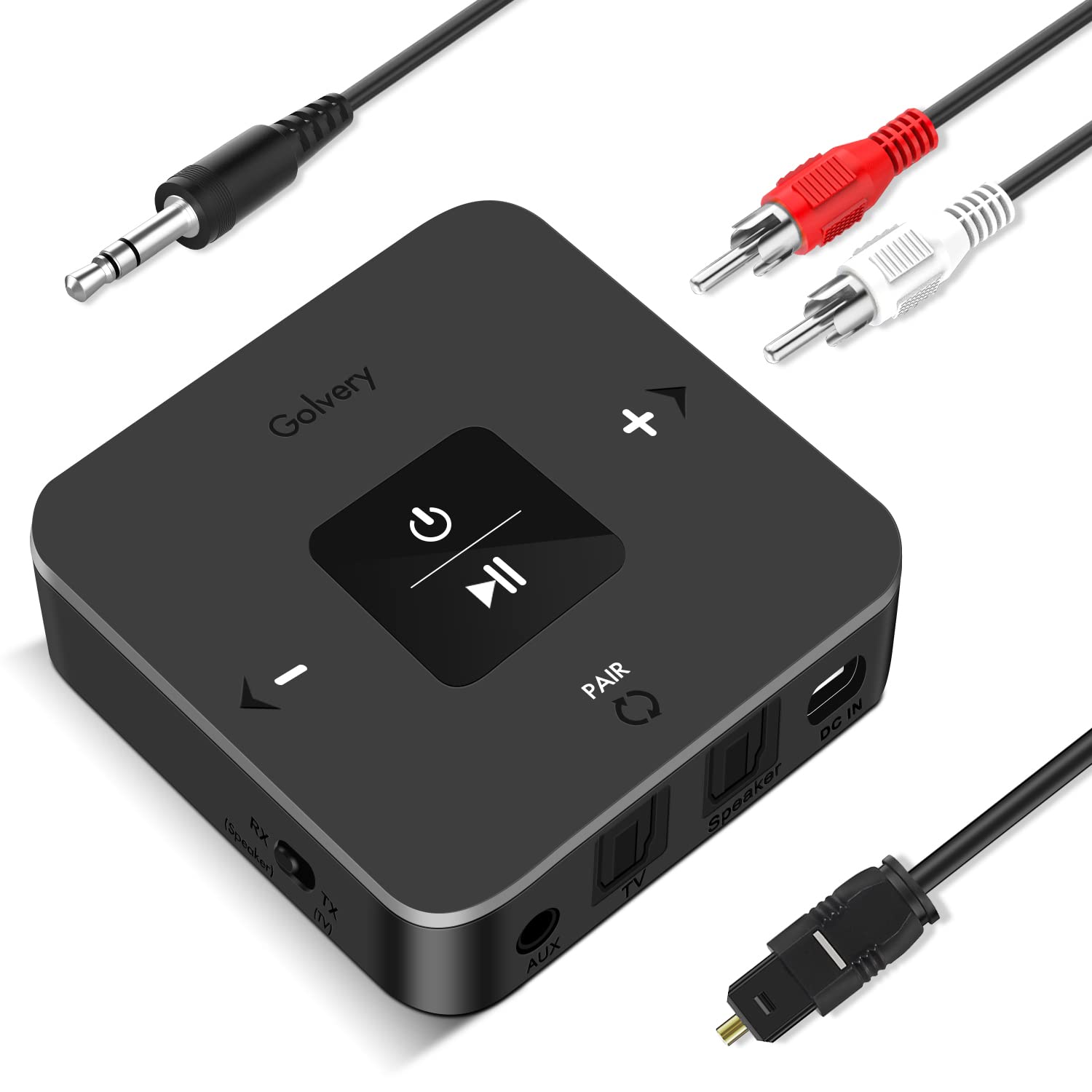 Golvery Bluetooth 5.0 Transmitter Receiver For Tv, 2 In 1 Bluetooth Aux Adapter For Pc/Dvd/Mp3/Car/Home Stereo/Speaker/Gym, Optical/Rca/Aux Connection, 25 Hours Playtime, Pair 2 Devices Simultaneously
